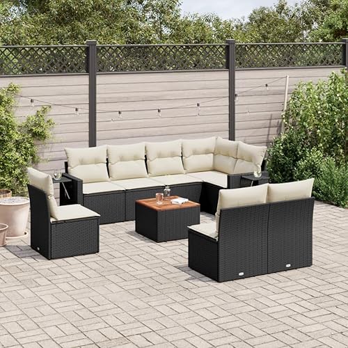 Miniatura 1 de 9-Piece Garden Sofa Set in Black and Cream White, Modern Outdoor Furniture with Modular Design, Weather-Resistant Poly Rattan and Acacia Wood, Plush