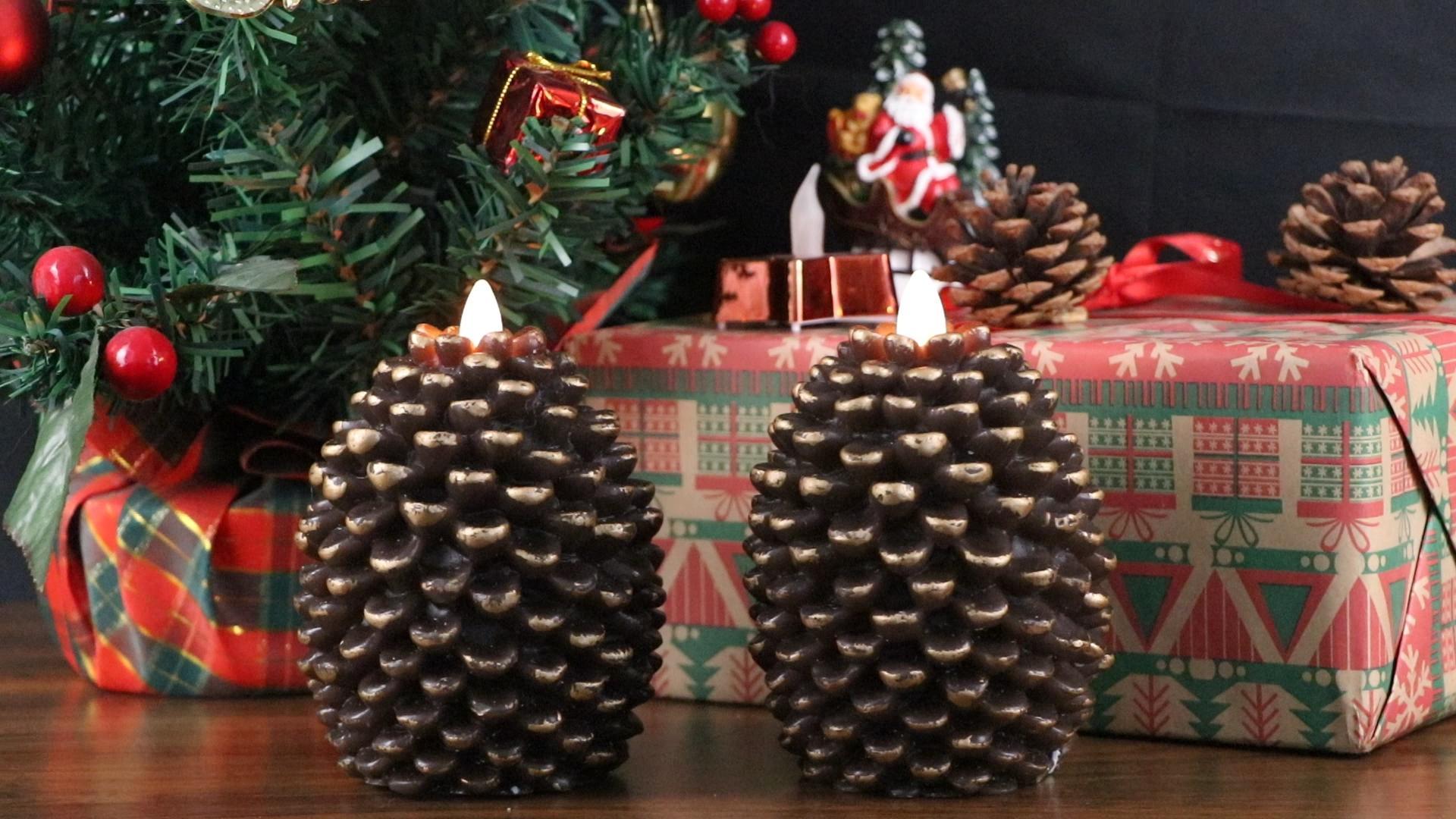 Image of Eldnacele Pine Cone Flameless Candles Battery Operated with 6 Hour Timer Unscented Real Wax Flat Wick Flickering Pinecone LED Candles Christmas Home Holiday Decoration(2 Pack Brown)