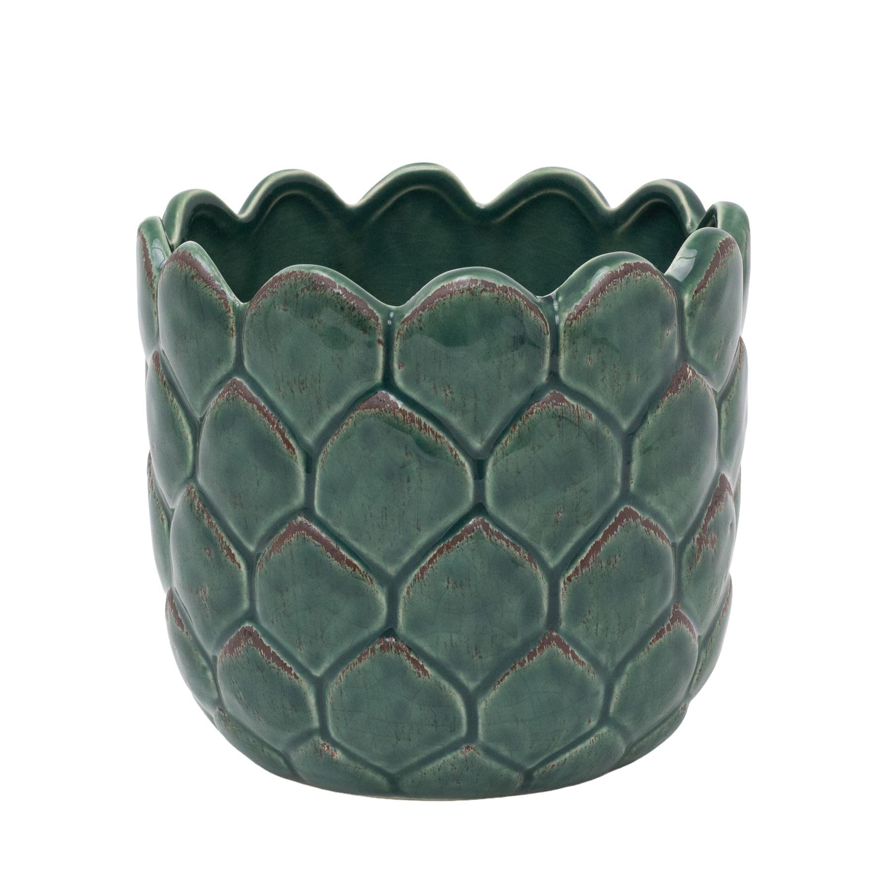 Carousel Home Green Ceramic Artichoke Plant Pot | Madagascar Teal Glazed Round Planter with Textured Finish - 12x14cm