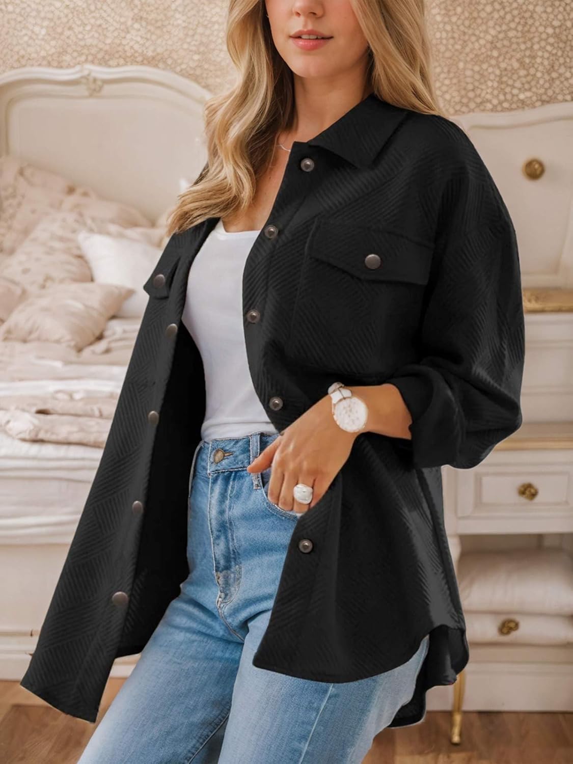 Women's Button Down Shacket Jacket - Casual Long Sleeve Oversized Shirt with Pockets for Spring Fall - Image 3