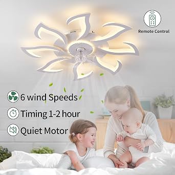 Modern Ceiling Fan with Light and Remote Control, Dimmable Bedroom Fan, 6-Speed Settings, Suitable for Bedrooms, Living Rooms, and Kitchens - White [Energy Class E]