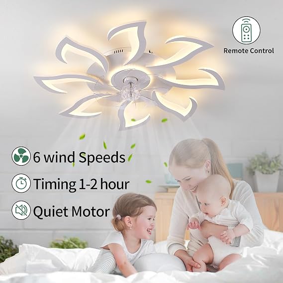 Modern Ceiling Fan with Light and Remote Control, Dimmable Bedroom Fan, 6-Speed Settings, Suitable for Bedrooms, Living Rooms, and Kitchens - White [Energy Class E]
