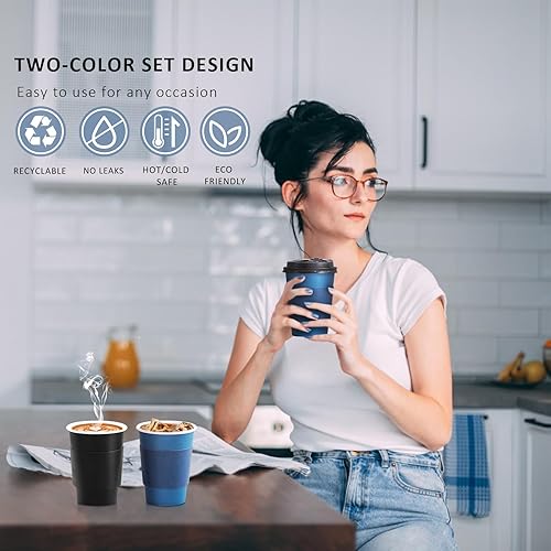 Miniatura 19 de SIUQ Paquete de 100 tazas de café de 12 onzas con tapas, tazas de café de papel desechables con fundas para bebidas calientes/frías, fiestas