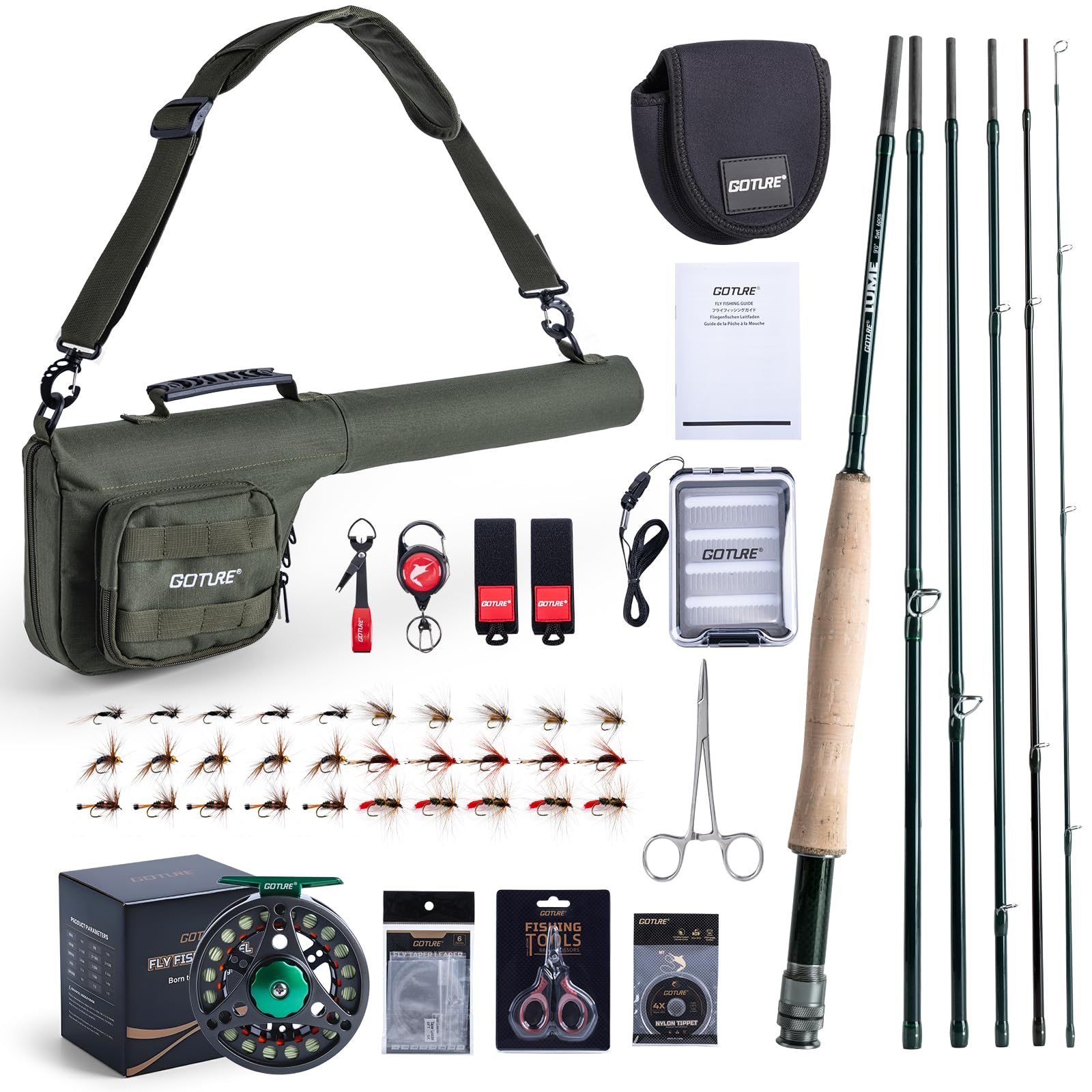 Goture Fly Fishing Rod and Reel Combo with Fly Rod & Gear Case, 9FT 4-Piece Fly Rod, Pre-Spooled Reel, Fly Line, Flies, Leader, Tippet, Forceps, Nipper and Complete Starter Kit