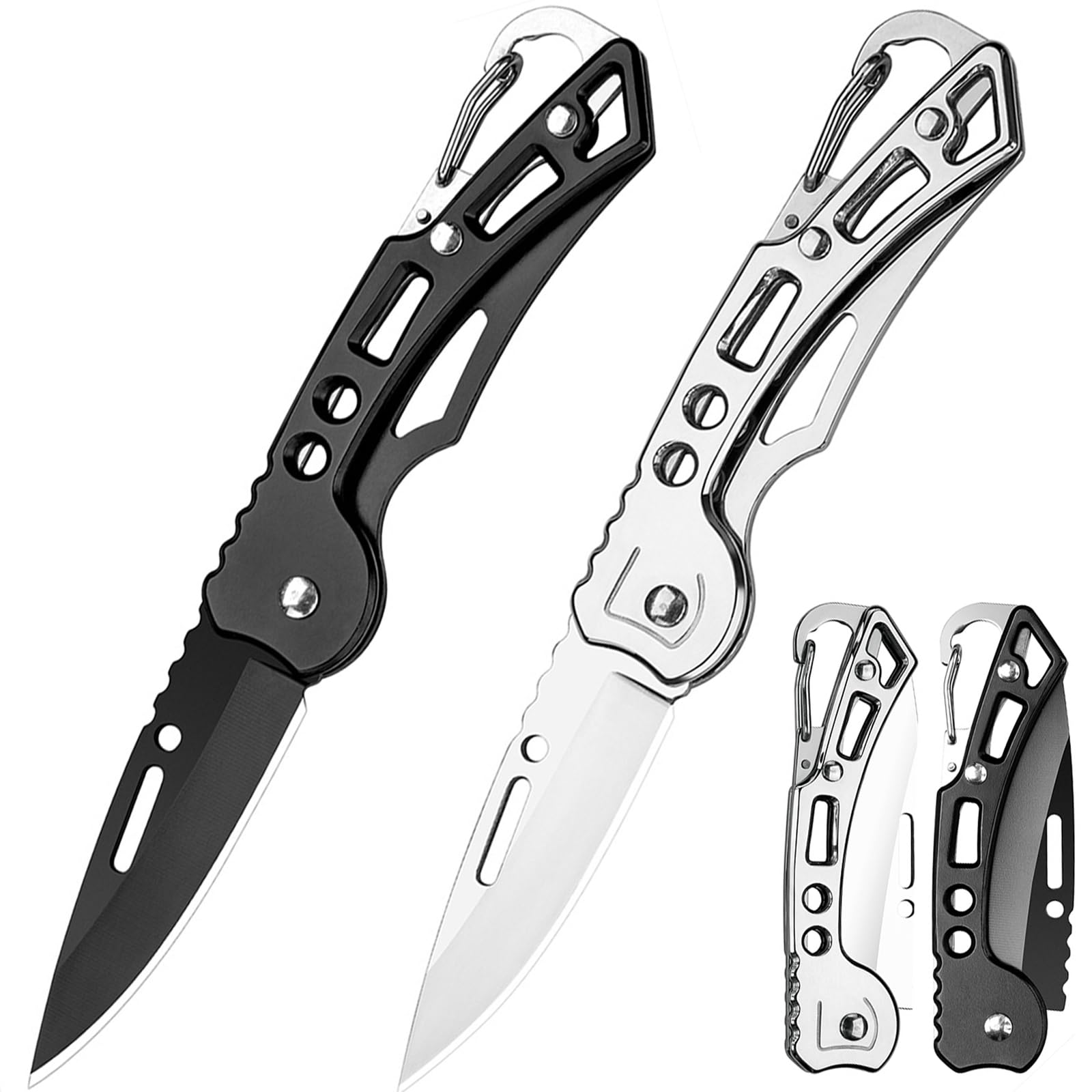 klumuke Folding Pocket Knife, Keychain Knife Compact Stainless Steel for Self-Defense, Small Pocket Knife for Outdoor Survival, Everyday Carry, and Gift Giving (2PCS - Black & Silver)
