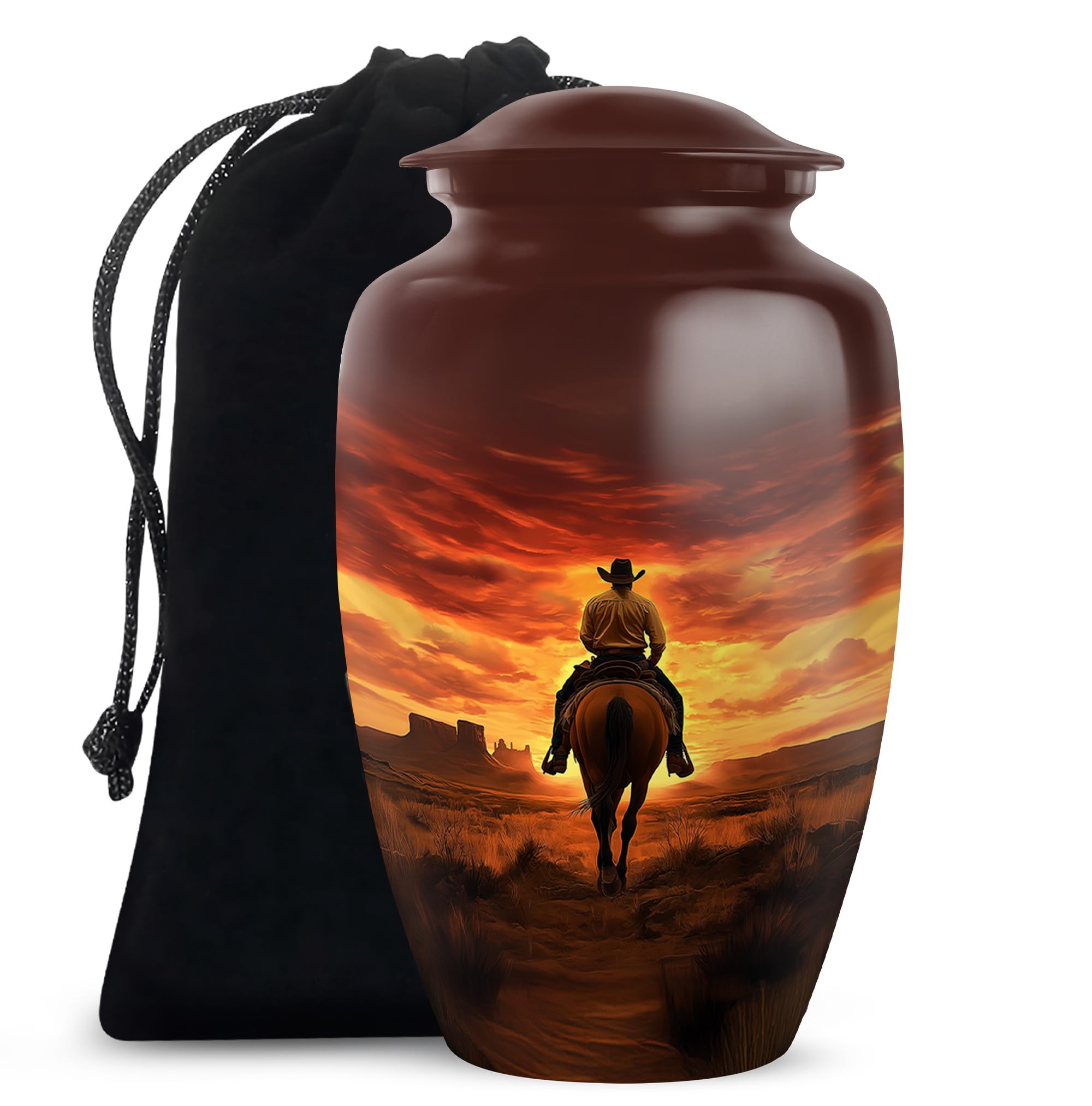 Cowboy Urn - Large Aluminum Urn for Ashes - Cowboy Sunset Pattern - Decorative Urn - 10 Inch Diameter - 220 Pounds Capacity - Polished Finish - Threaded Lid