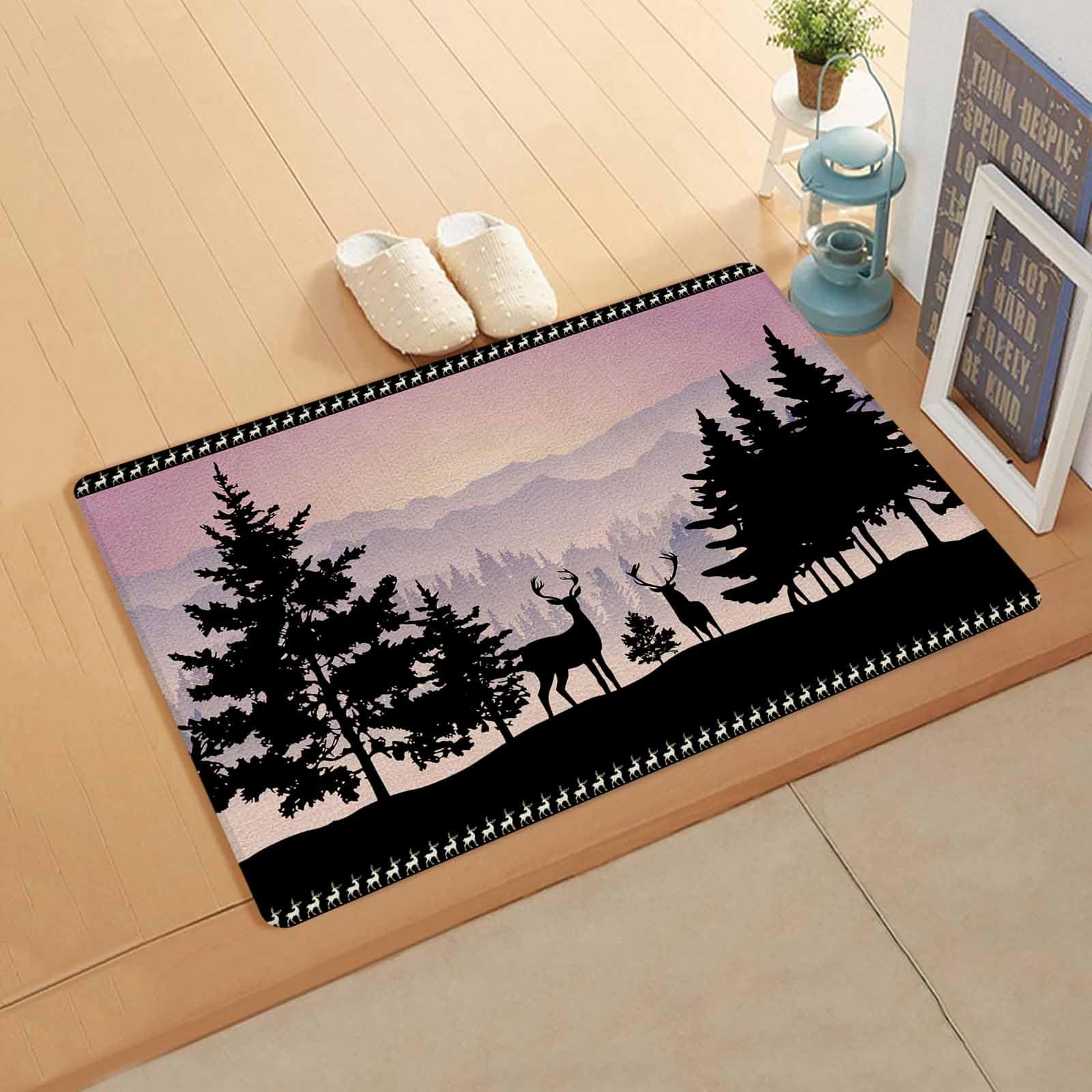 Purple Cabin Elk Antifatigue Kitchen Bath Door Mat Cushioned Runner Rug,Washable Welcome Floor Sink Mat,Waterproof Kitchen Standing Doormat,Animal Forest Deer Mountain Farmhouse Wooden 18
