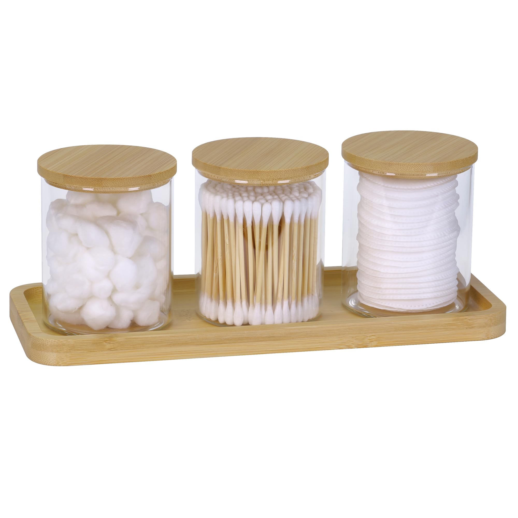 Qtip Holder with Vanity Tray 3 Pack Glass Apothecary Jars with Lids Bathroom Accessories Canisters Organizers Jars Containers