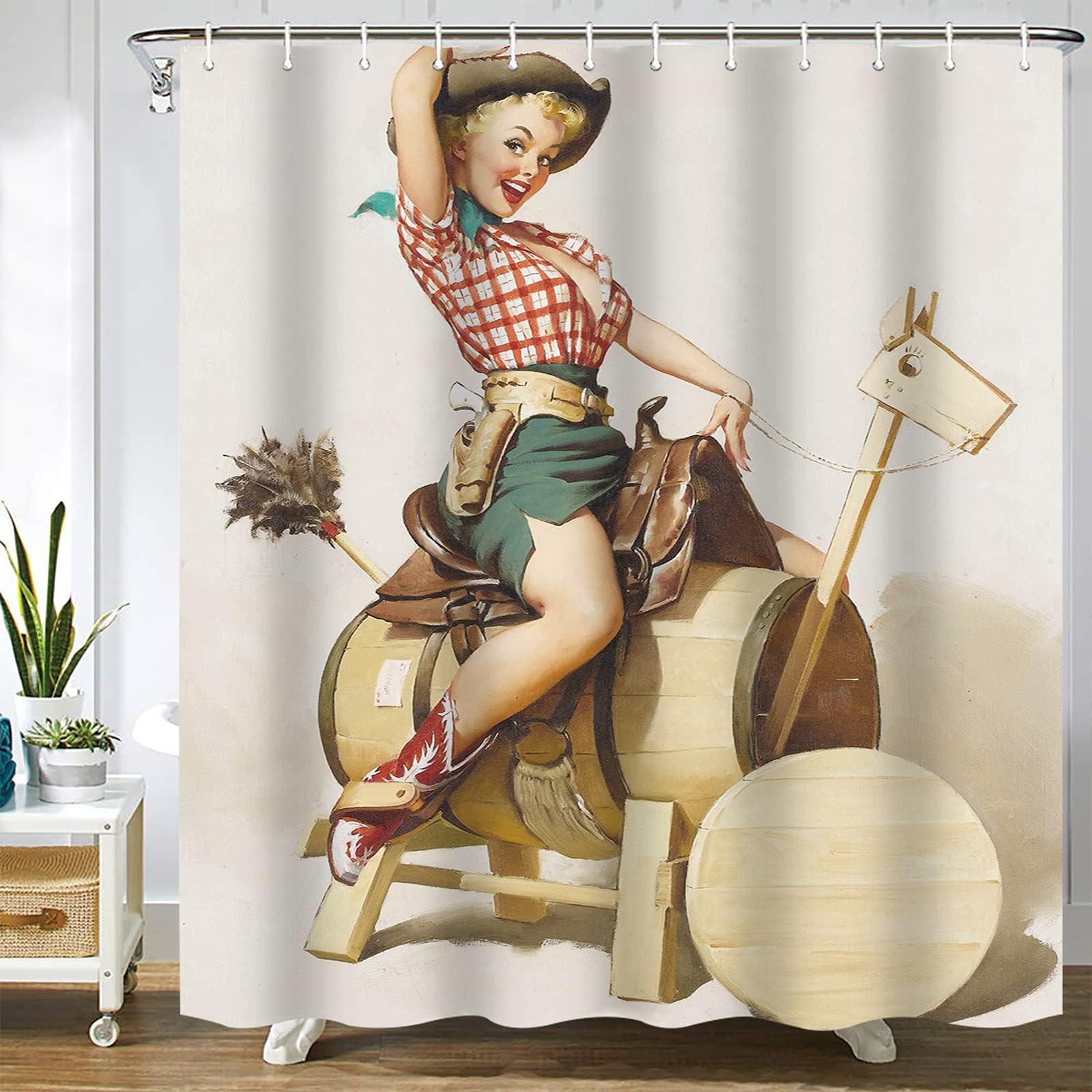Gaakvrr Shower Curtain Retro Western Cowgirl & Funny Wood Horse Waterproof Bathroom Curtain Set with 12 Hooks (180x180 cm)