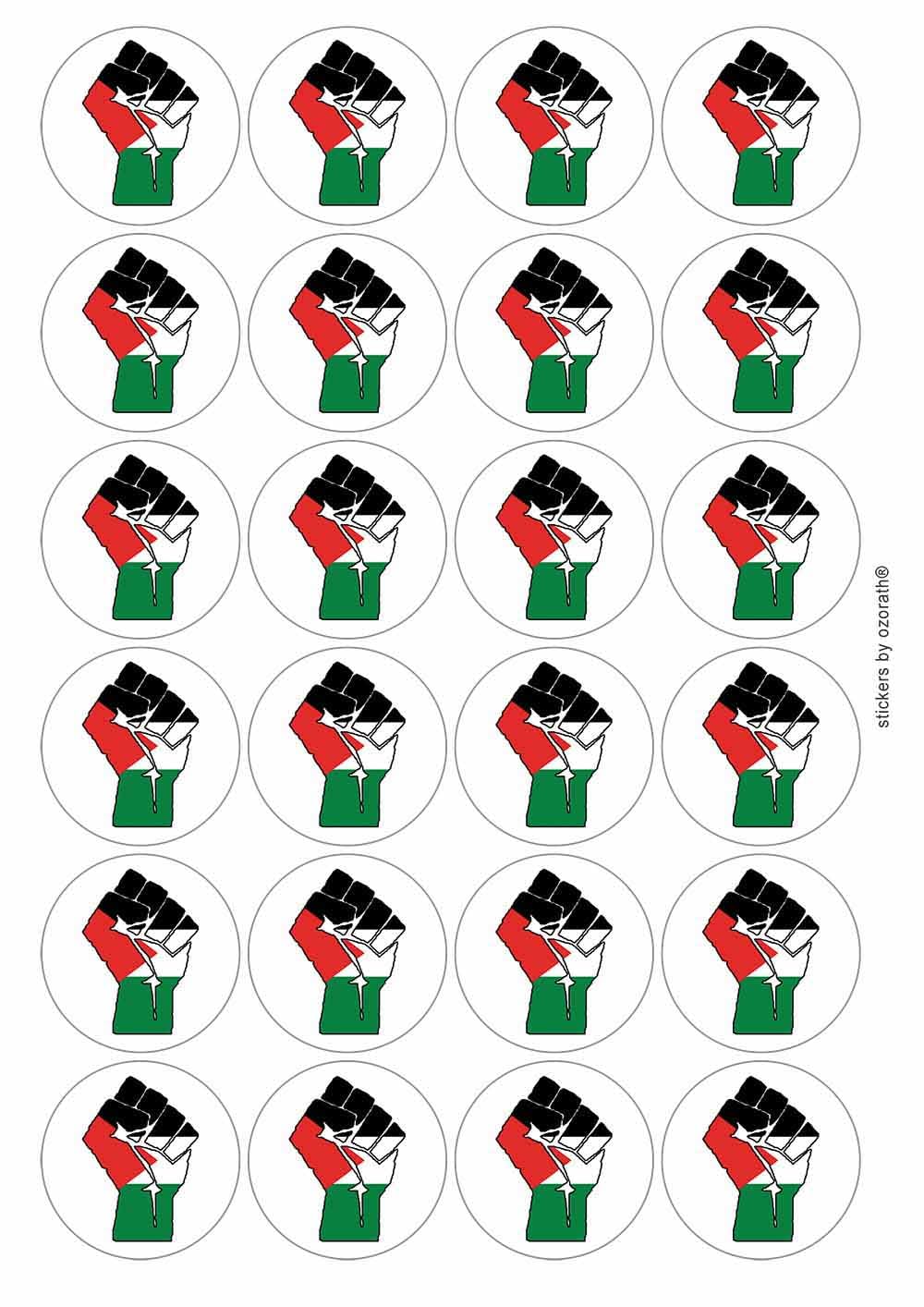 Palestine Solidarity Fist Circular Matt Paper Stickers A4 Sheet of 24 (Each Sticker is 45mm Diameter)
