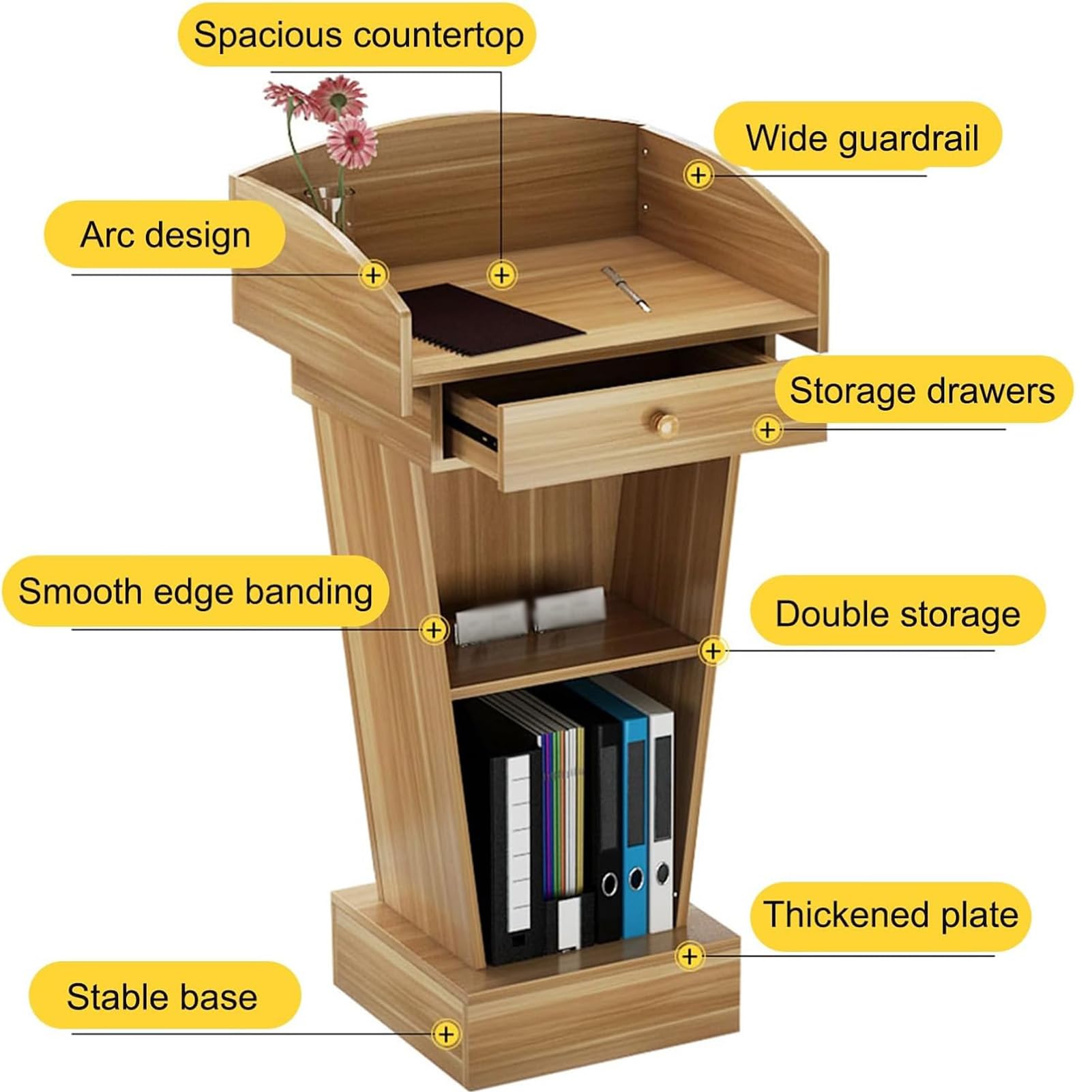 Pupitre courbé en Bois, Podium sur Pied,Teak,+Copper & Drawer