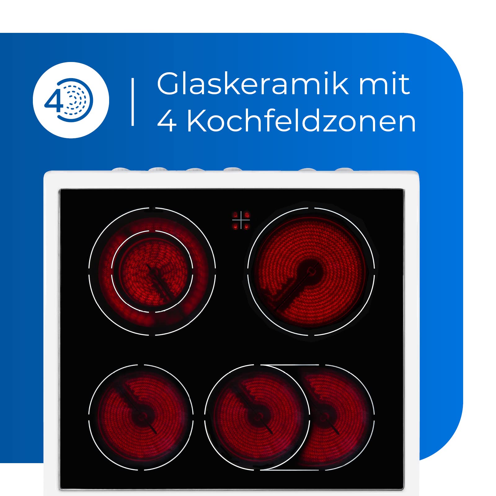 Exquisit ECM 6-4 BZ Standherd 60 cm Freistehender Elektroherd mit Glaskeramik-Kochfeld 2-Kreis-Bräterzone 61 L Backofen Umluft Energieklasse A Weiß