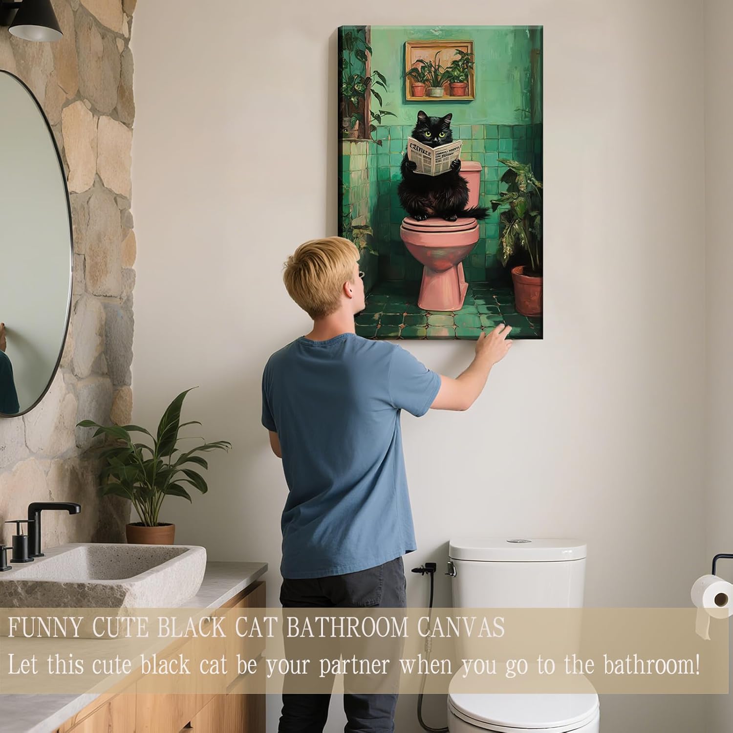 Funny Black Cat Bathroom Wall Art Decor, Funny Black Cat Reading Newspaper On The Toilet Canvas Artwork Print, Tropical Cat Canvas Wall Art for Bathroom Toilet Restroom Washroom Wall Decor 16x24''