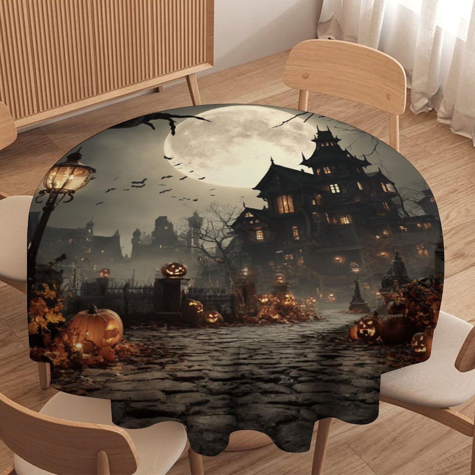 Luyysky Gothic Abstract Scare Castle Waterproof Round Tablecloth Vintage Mid Century Halloween Full Moon Pumpkin Animals Bats Washable Table Cover For Kitchen-127 Wx127 L Cm
