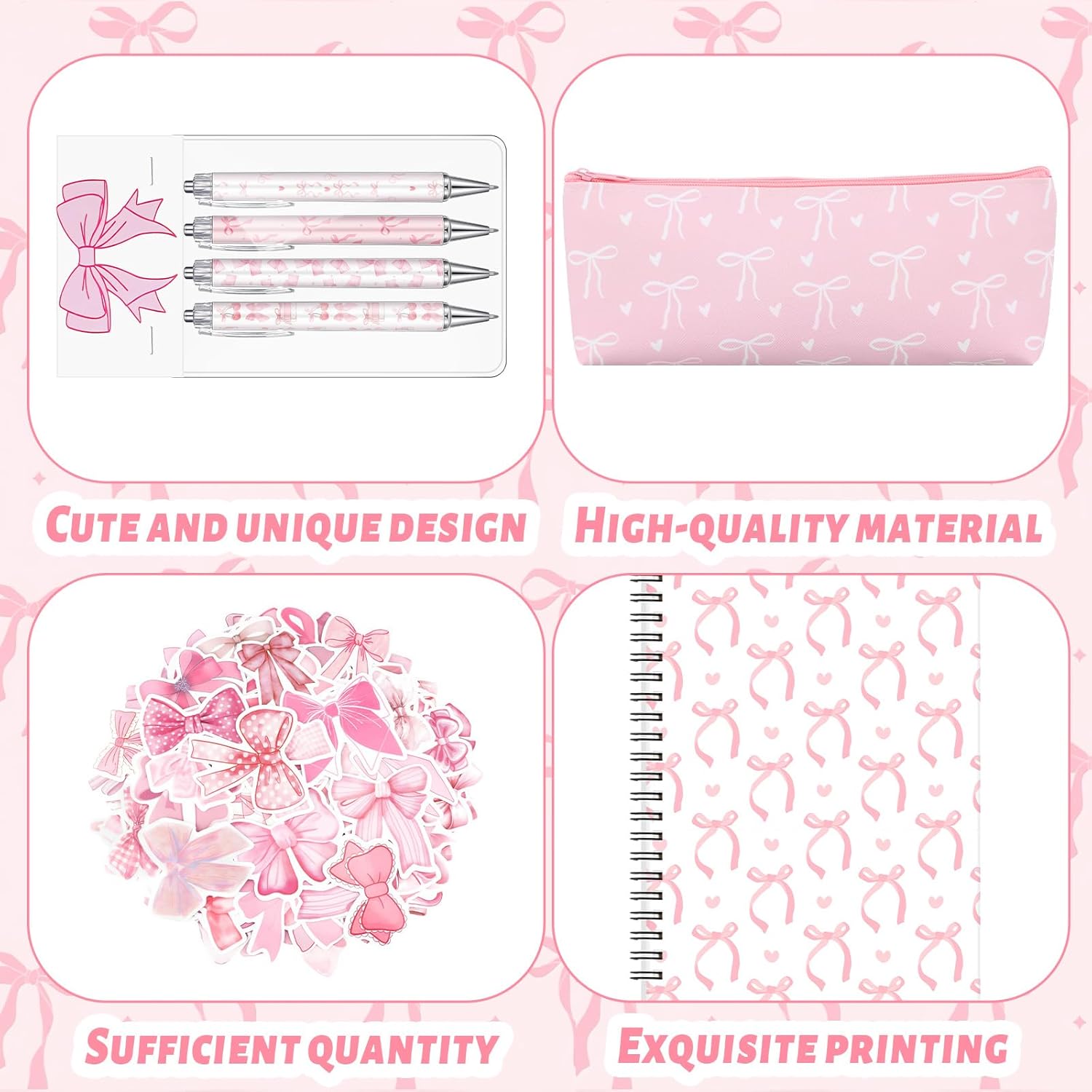 Pink Bow Stationery Gift Coquette School Supplies Set Include Pens Aesthetic Journal Notebook Pencil Case and Stickers Pink Bow Preppy Back to School Supplies for Girl Students - Image 4