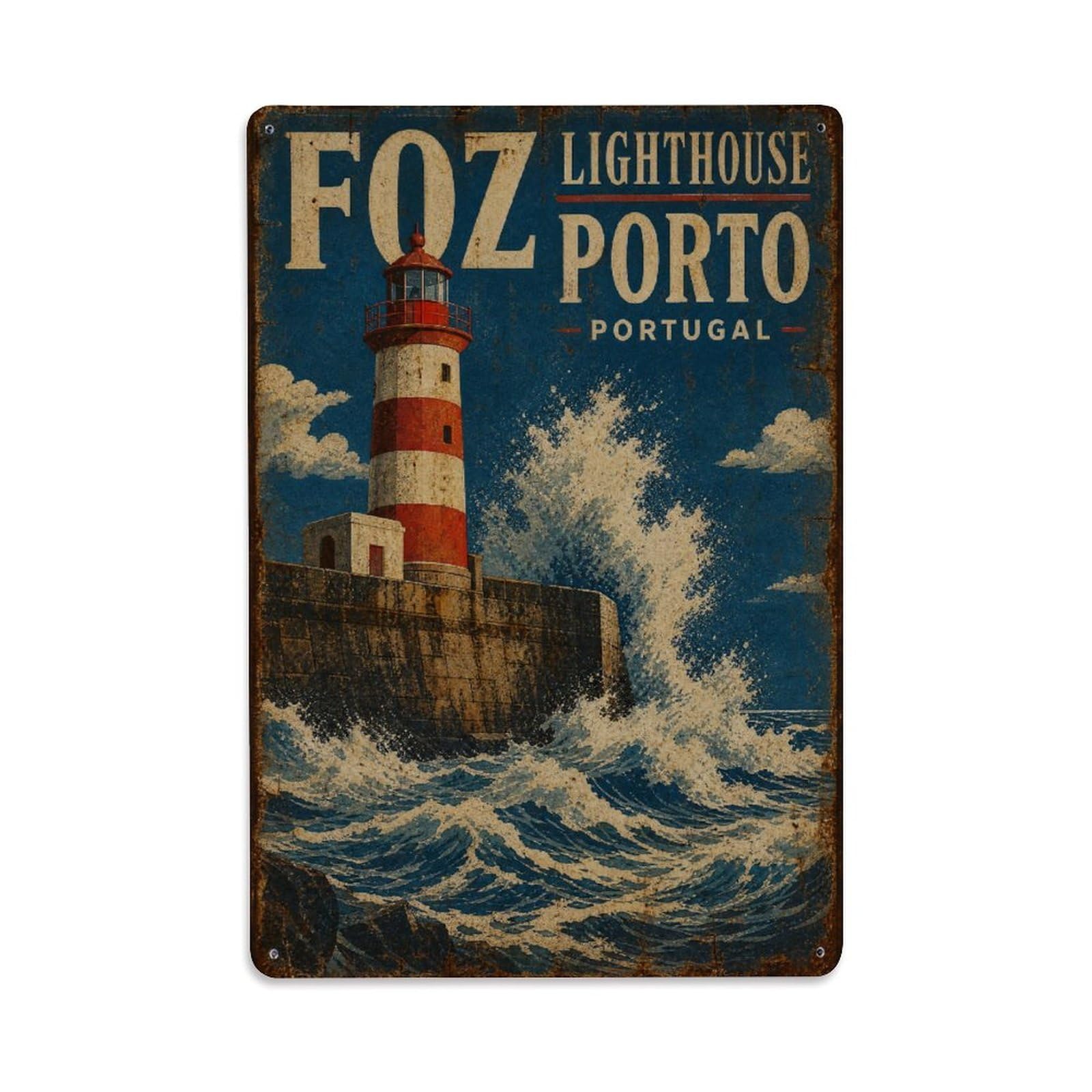 Huiyhb 8X12inch(20X30cm) Vintage Travel Foz Lighthouse Waves Crashing Rocky Coast Portugal Metal Tin Sign