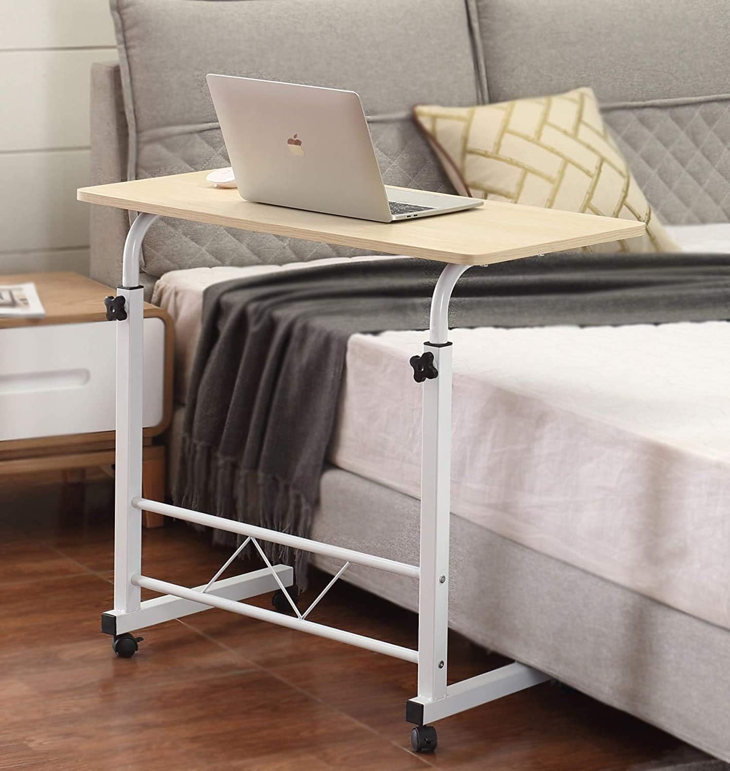 Akway Mobile Laptop Desk Cart 31.5 x 15.7 inch Laptop Stands Mobile Laptop Desk Rolling Cart Overbed Table for Nursing Hospital, White Maple CJ02-80-BFM