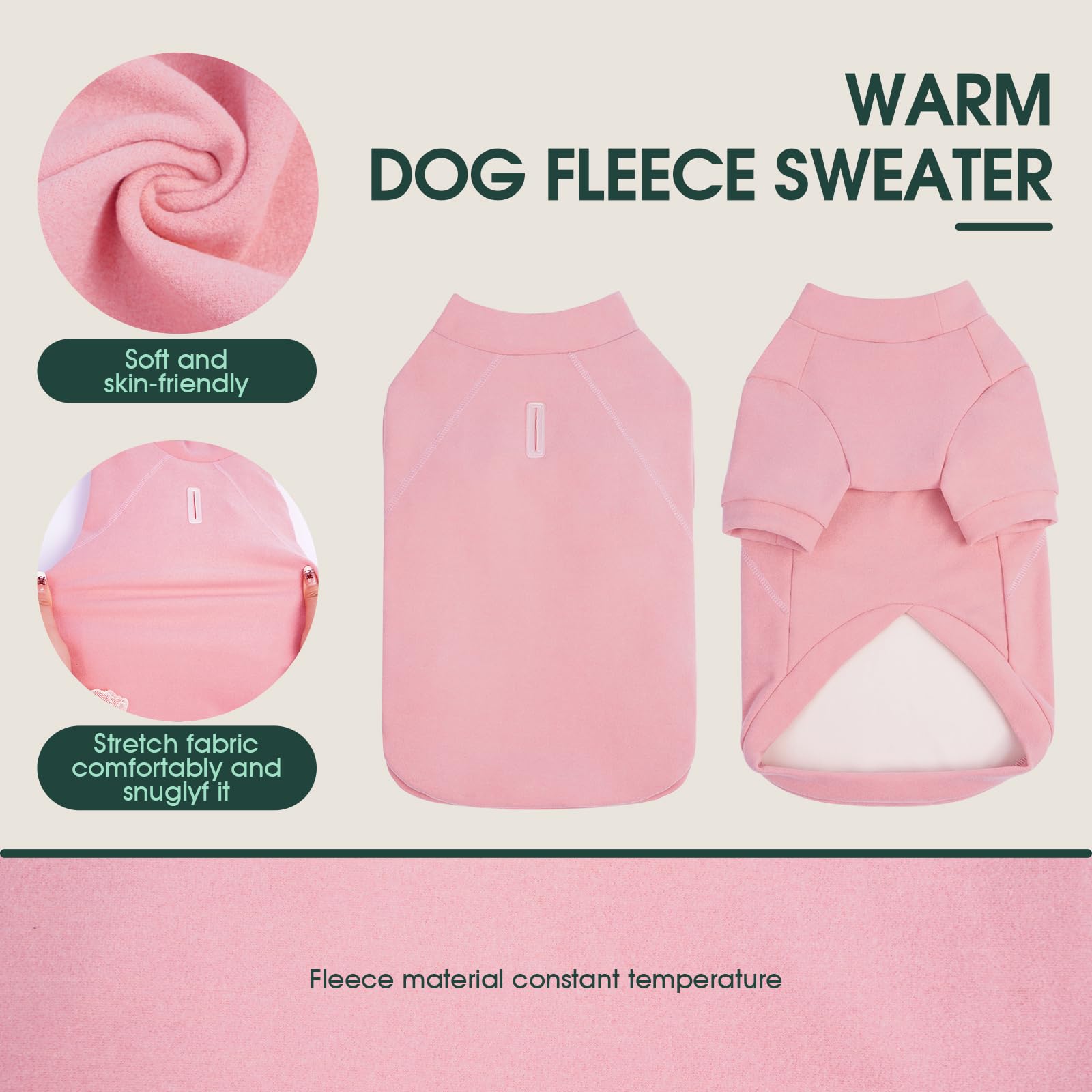 Kuoser Dog Sweatshirt Pink L, Soft Fleece Dog Jumper with Front Legs, Warm Stretch Sweater Pullover Clothes for Medium Dogs - Image 3