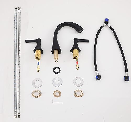 Miniatura 4 de SHACO Grifo de baño negro mate de 3 agujeros, grifo de baño de cuello de cisne de arco alto para fregadero de 3 agujeros, grifo de tocador negro