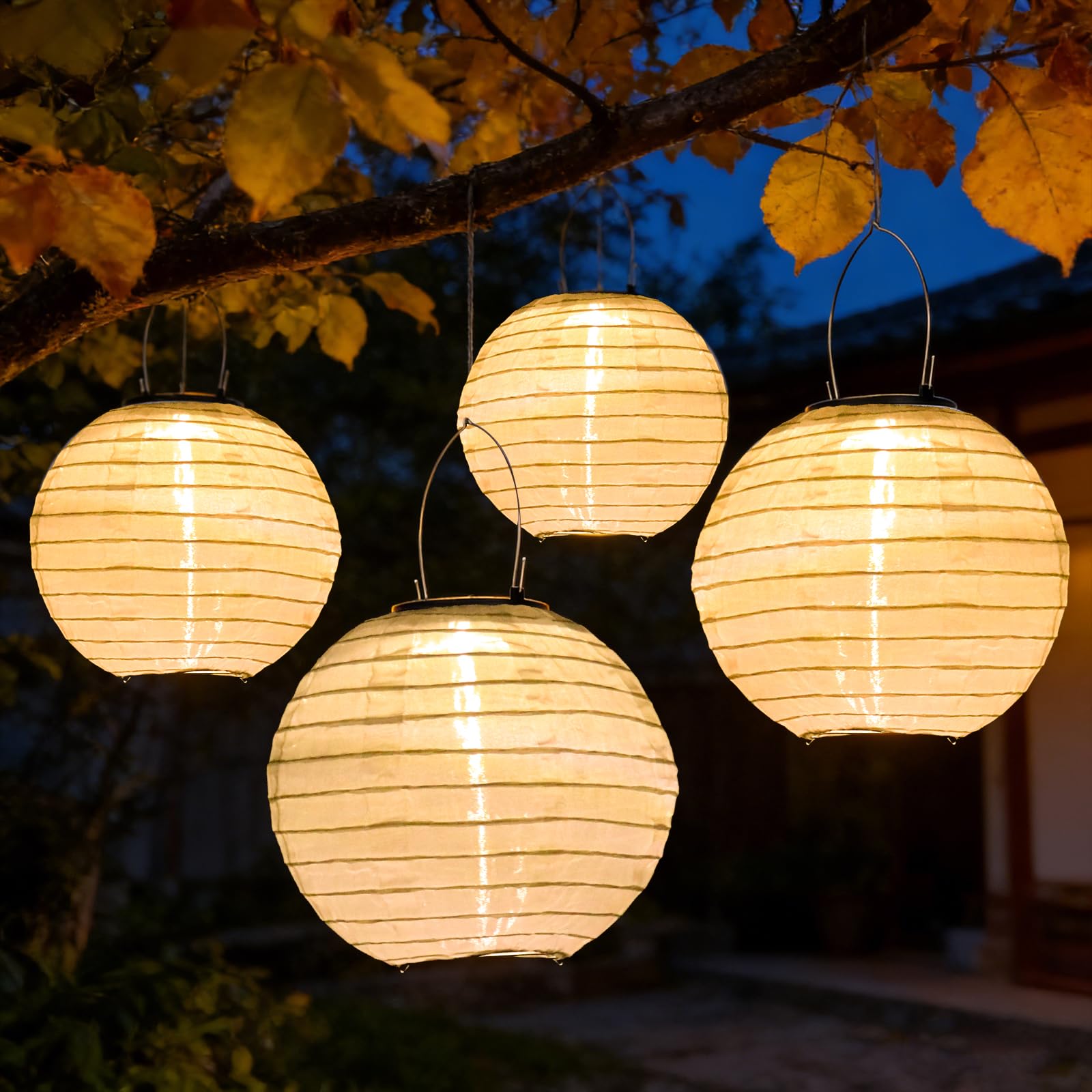 Solar Lampions Außen Wetterfest - 4 Stück 20cm Solar LED Laterne Nylon Hängende Solarbetrieben Gartenlaterne Beleuchtung für Garten, Hof, Terrasse, Hochzeit, Fest Deko (Warmweiß)