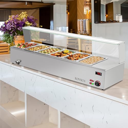 Miniatura 8 de ROVSUN Calentador eléctrico de alimentos comerciales de 48 cuartos de galón, 1500 W, mesa de vapor de 6 cuartos, encimera de acero inoxidable Bain