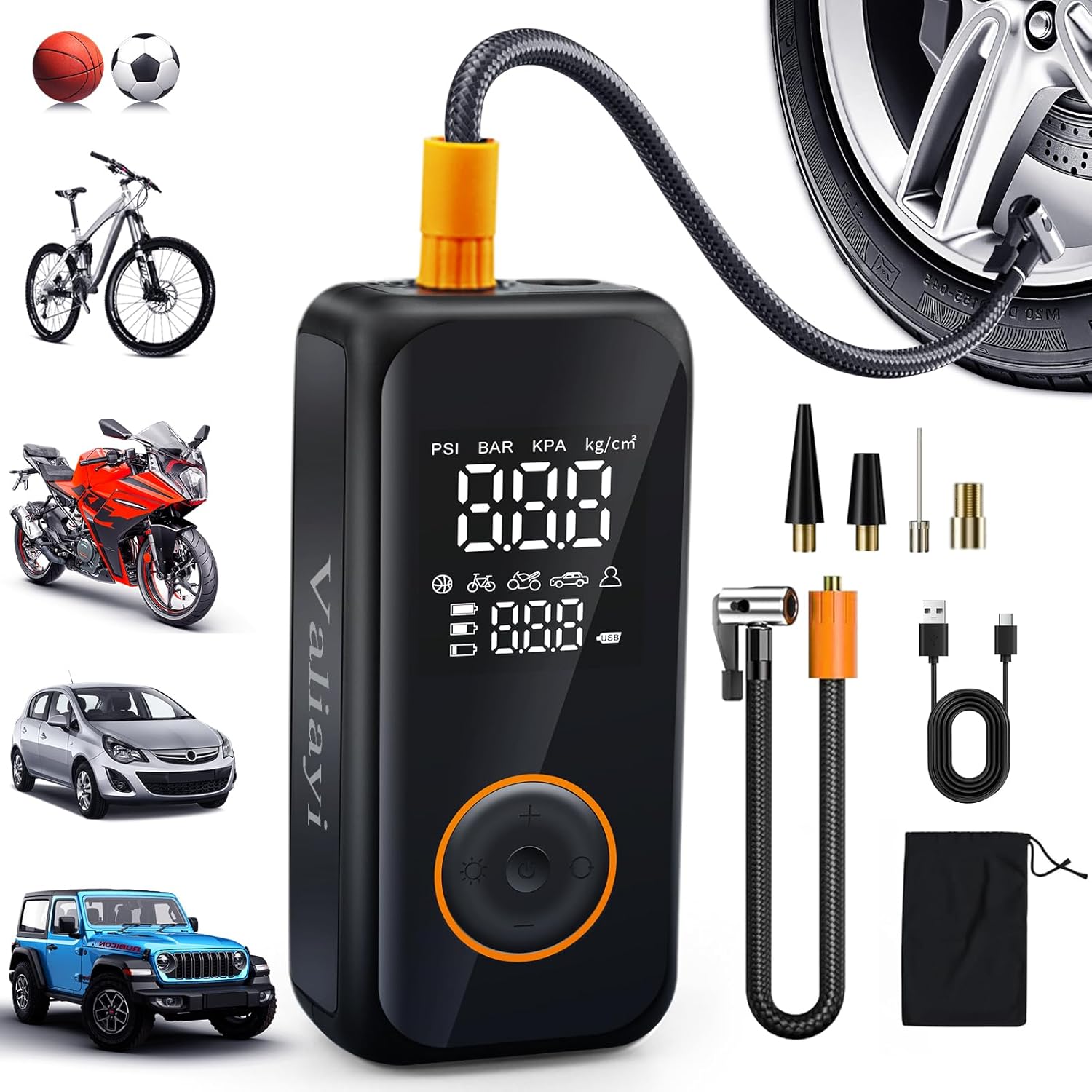 Tire Inflator Portable Air Compressor,Cordless Bike Pump with Digital Pressure Gauge&LED Light,150PSI Car Inflation with Auto Shutoff Function,Portable Air Pump for car ,Motorcycles ,Bikes, Balls