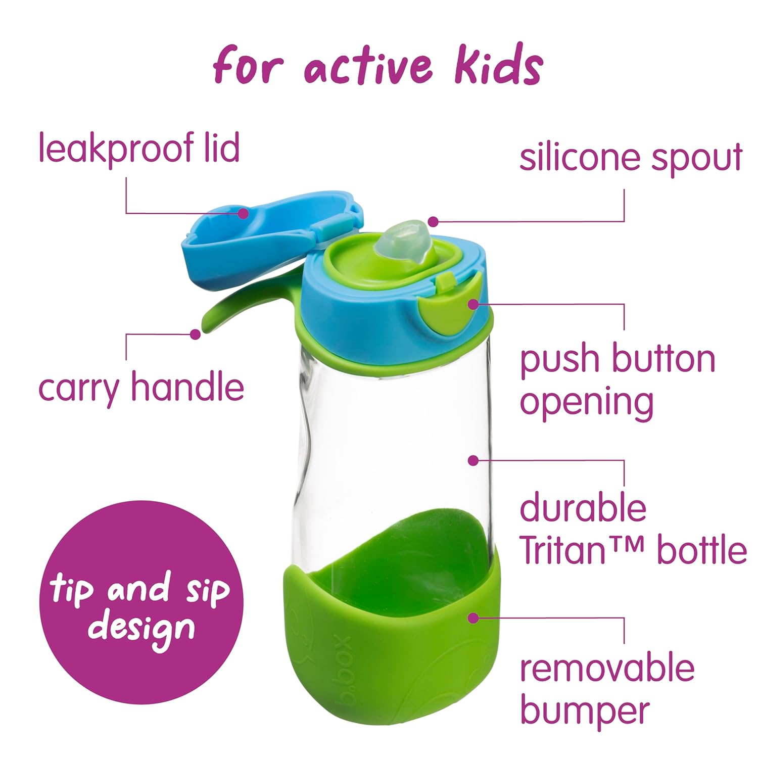 b.box 15oz Sport Spout Kids Water Bottle for School, Sports, Daycare - No-Straw Design for Easy Cleaning - Leakproof - Ergonomic Triangle Grip - Dishwasher Safe, BPA Free, PFAS Free - Ocean Breeze