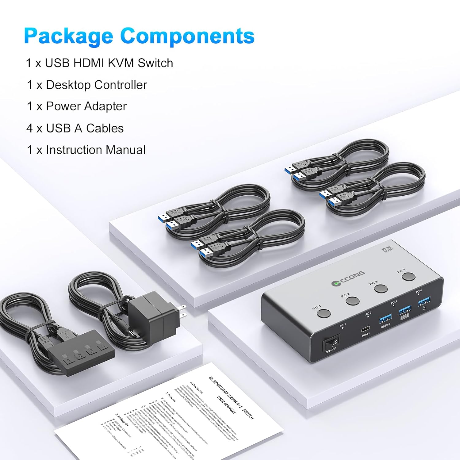 5G USB3.0 HDMI KVM Switch 4 Computers Share 1 Monitor, KVM Switches 4 Port with 3 USB 3.0 and 1 USB C Ports Share Monitor Keyboard Mouse Printer, with EDID Adaptive,4 USB Cable Plug and Play