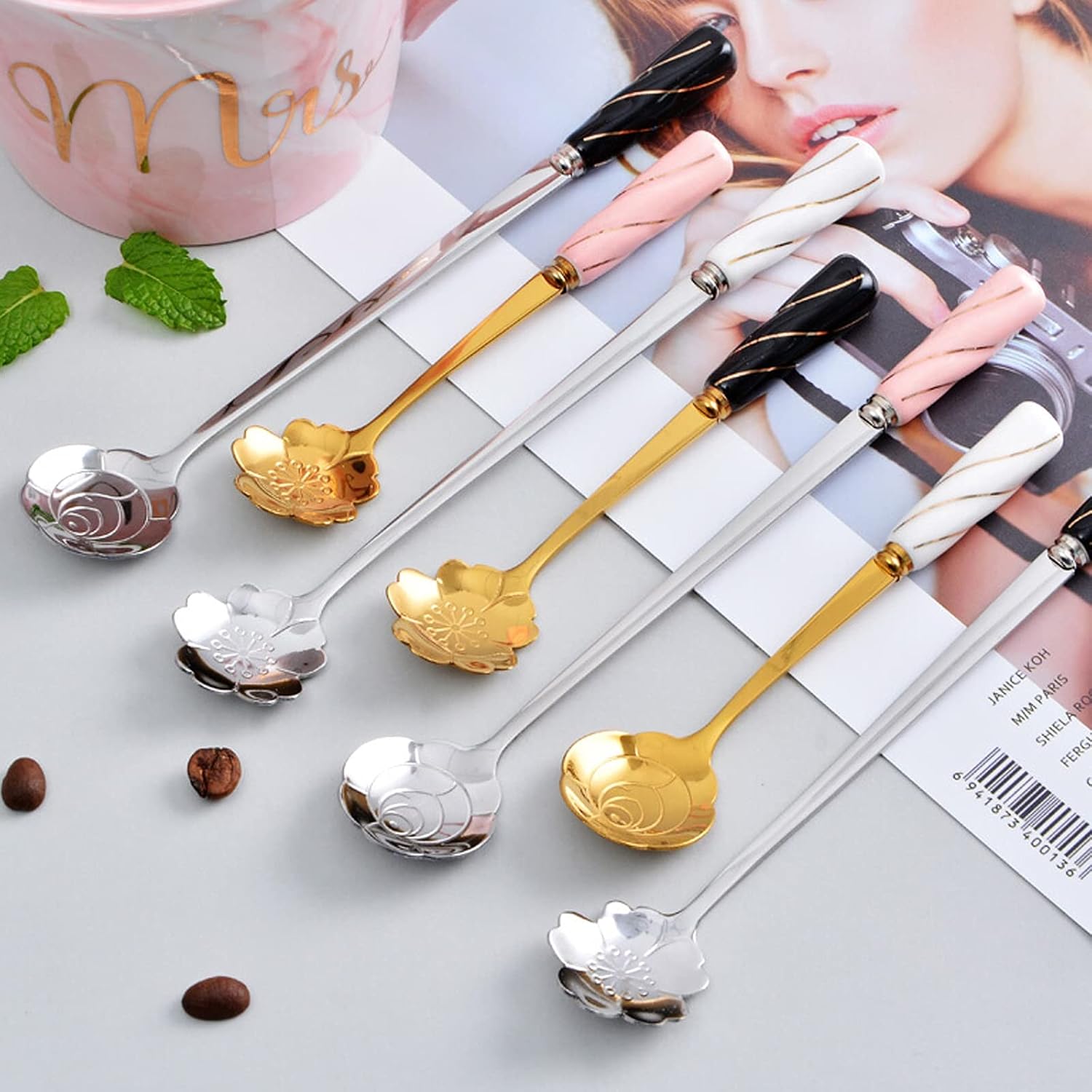 Tablespoons Stainless Steel Dessert Spoon Flower-shaped Spoon with Ceramic Handle Creative Ice Cream Dessert Spoon for Tableware Kitchen (5 -Piece) Serving Spoon (Color : B)