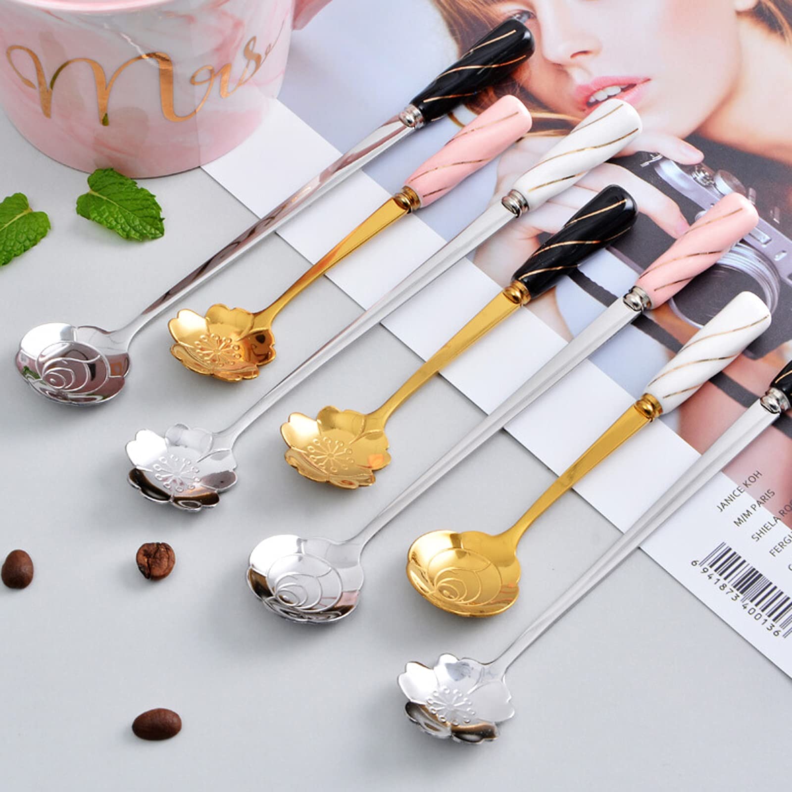 cuchara de mesa juego de cucharas Cuchara de postre de acero inoxidable Cuchara en forma de flor con mango de cerámica Cuchara de postre de helado creativa for vajilla Cucharas de cocina for comer (Co