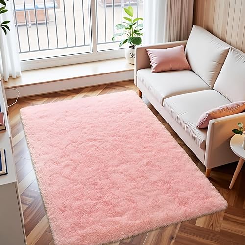 Macgace Light Pink Rugs for Bedroom Girls, 3x5 Shag Rug Fluffy Area Rugs with Non-Slip Backing for Living Room, Fuzzy Plush Carpet Washable Rug Cute Home Decor Aesthetic for Nursery Dorm Office