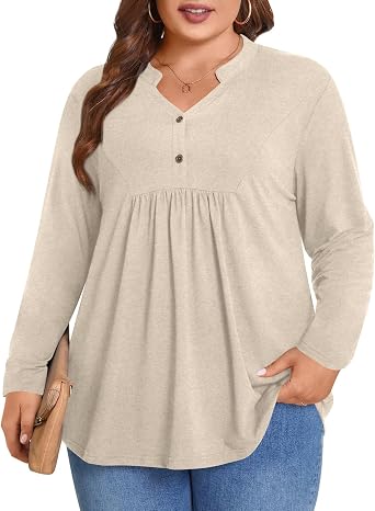 POPYOUNG Womens Plus Size Henley Tunic Tops Chic V Neck Button Shirt Casual Long Sleeve Pleated Blouse L-4XL