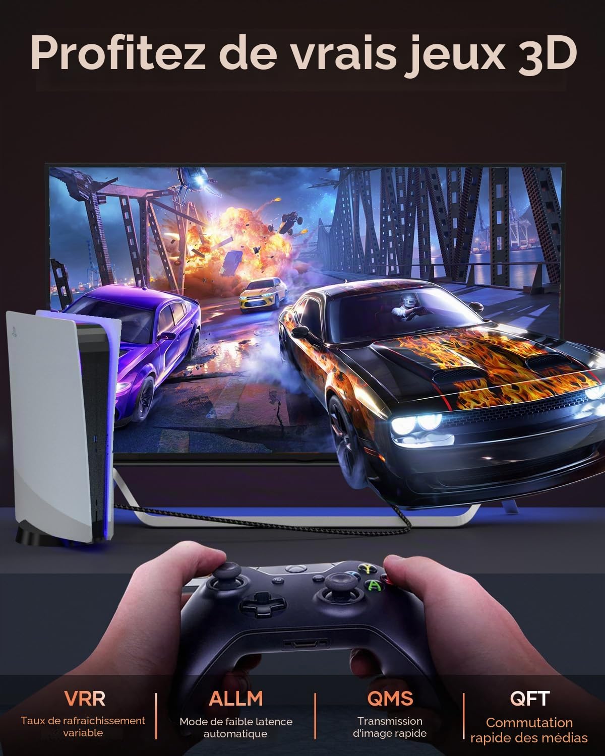 Câble HDMI 2.1 8K 5m 48Gbps 8K@60Hz 4K@144Hz eARC HDR10 HDCP 2.2 Dolby Atmos pour HDTV PS5