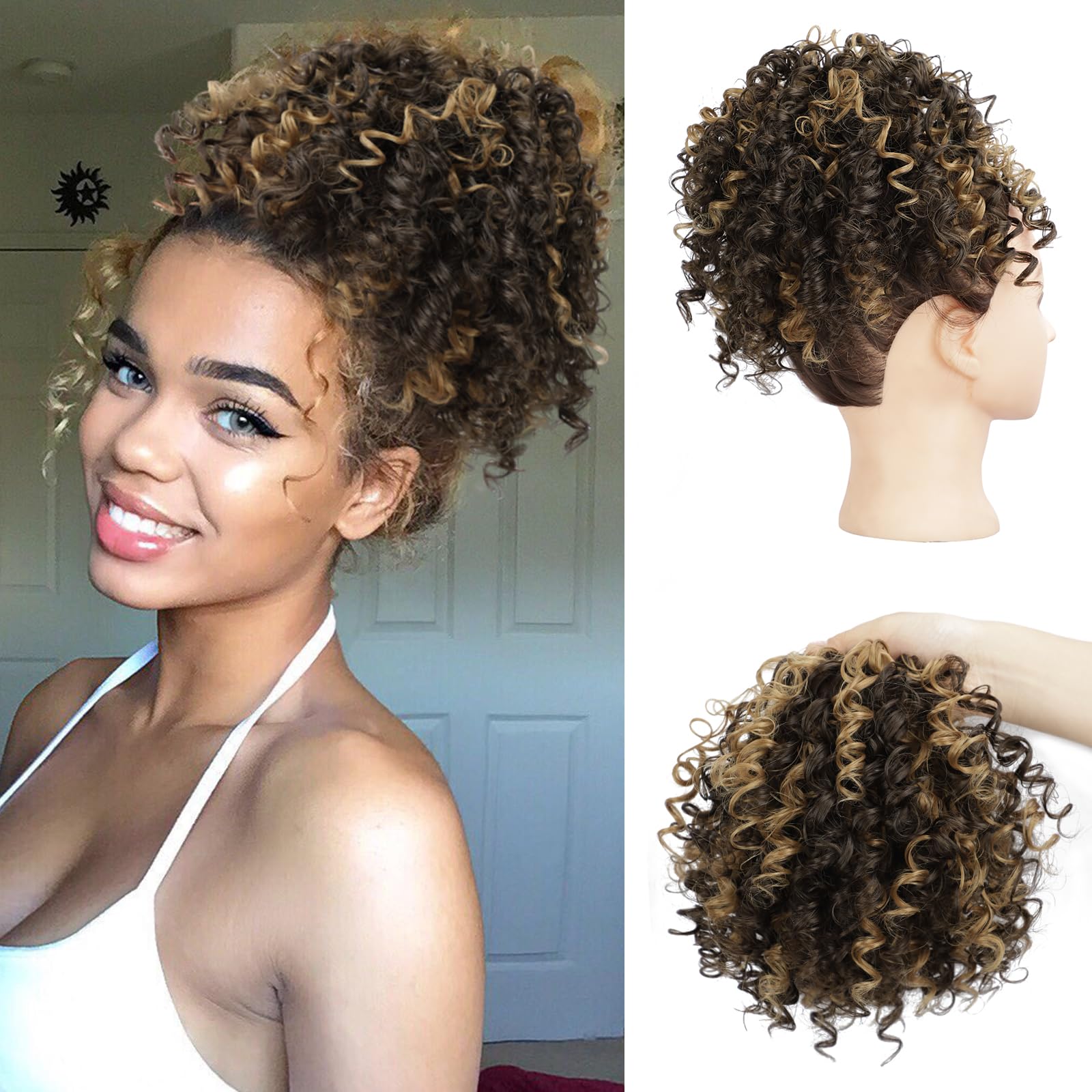 DOROJJ Curly Drawstring Ponytail Extension for Black Women - Curly Hair Extensions with Drawstring Ponytail (Brown with Honey Blonde)