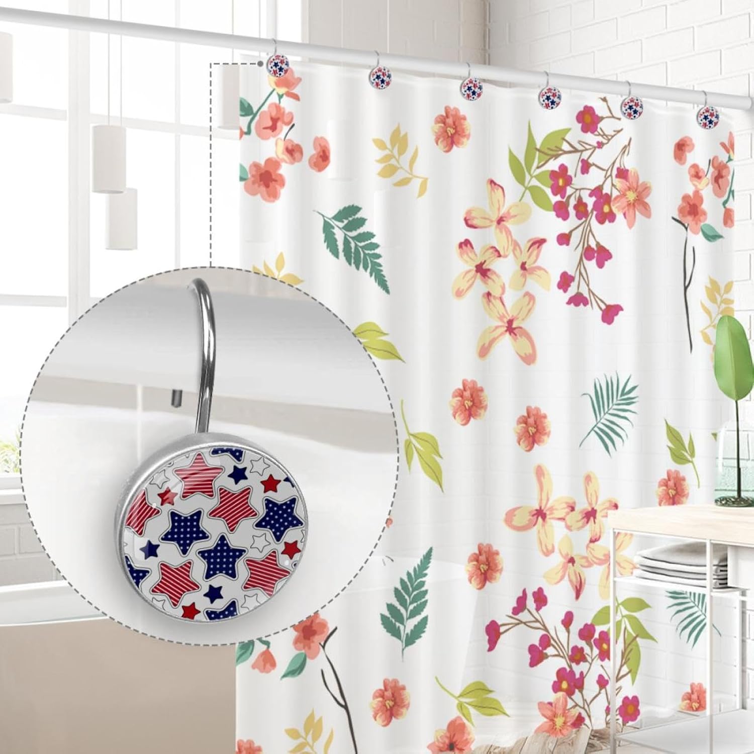 Independence Day Shower Curtain Hooks - Patriotic Red White Blue Star Stripe Design - Set of 12 Rustproof Decorative Rings for Bathroom Decor