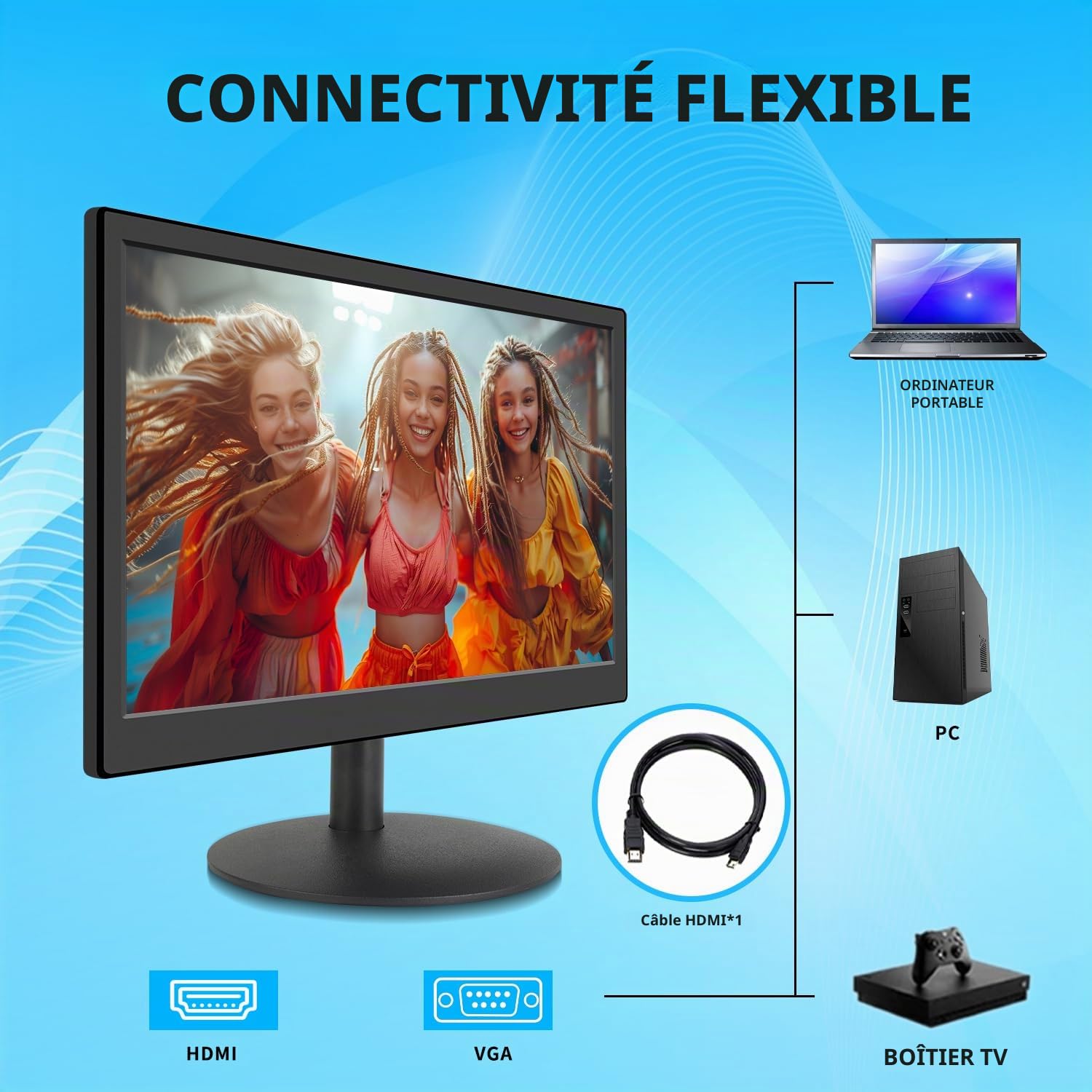 KCR Moniteur LED 15 Pouces, 1920 * 1080 | Entrées HDMI et VGA, Haut-parleurs intégrés, Temps de réponse 5ms, Montage VESA