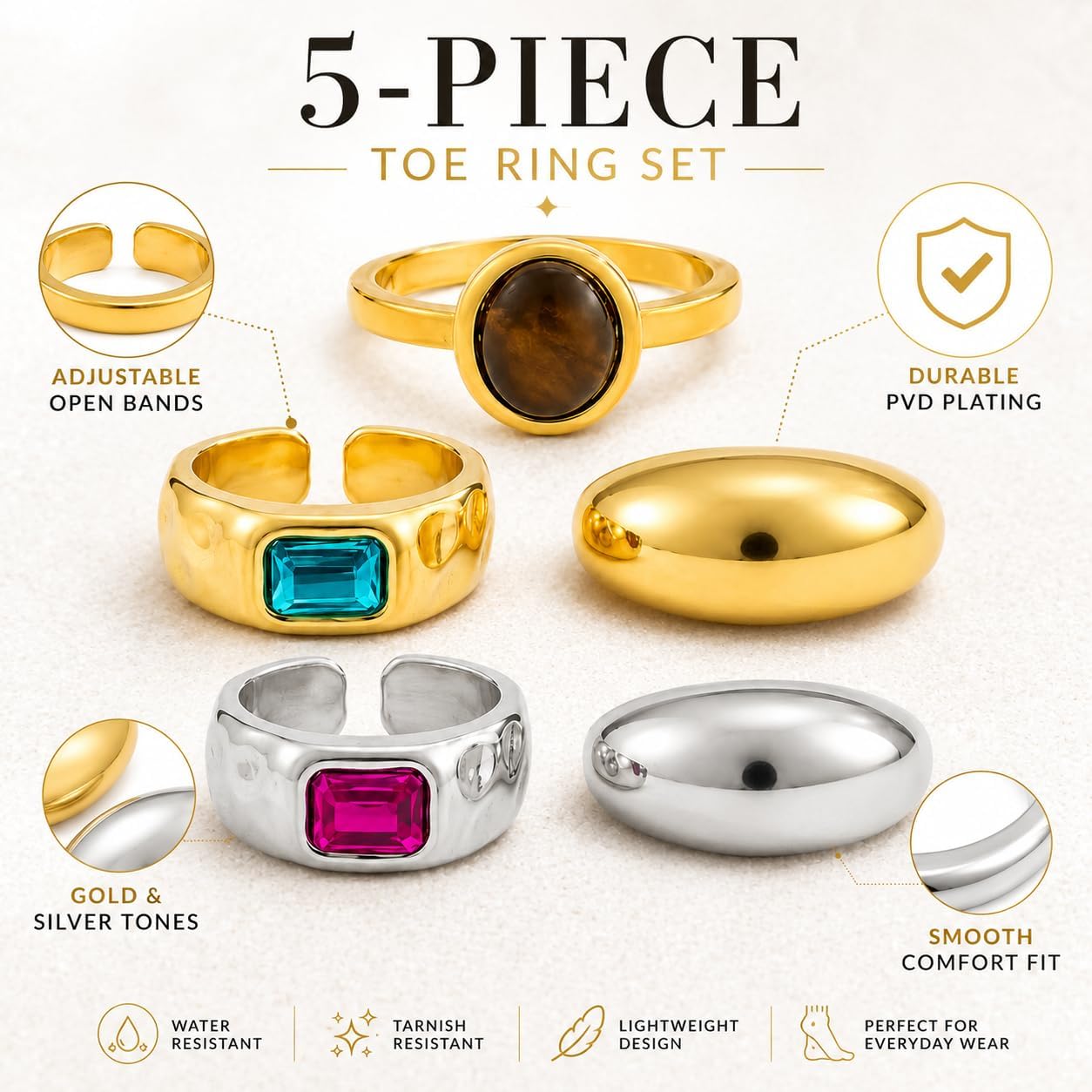 5Pcs Adjustable Toe Rings for Women, Open Band Knuckle Ring Set with Colorful Crystal and Oval Stone, Summer Beach Foot Jewelry for Vacation
