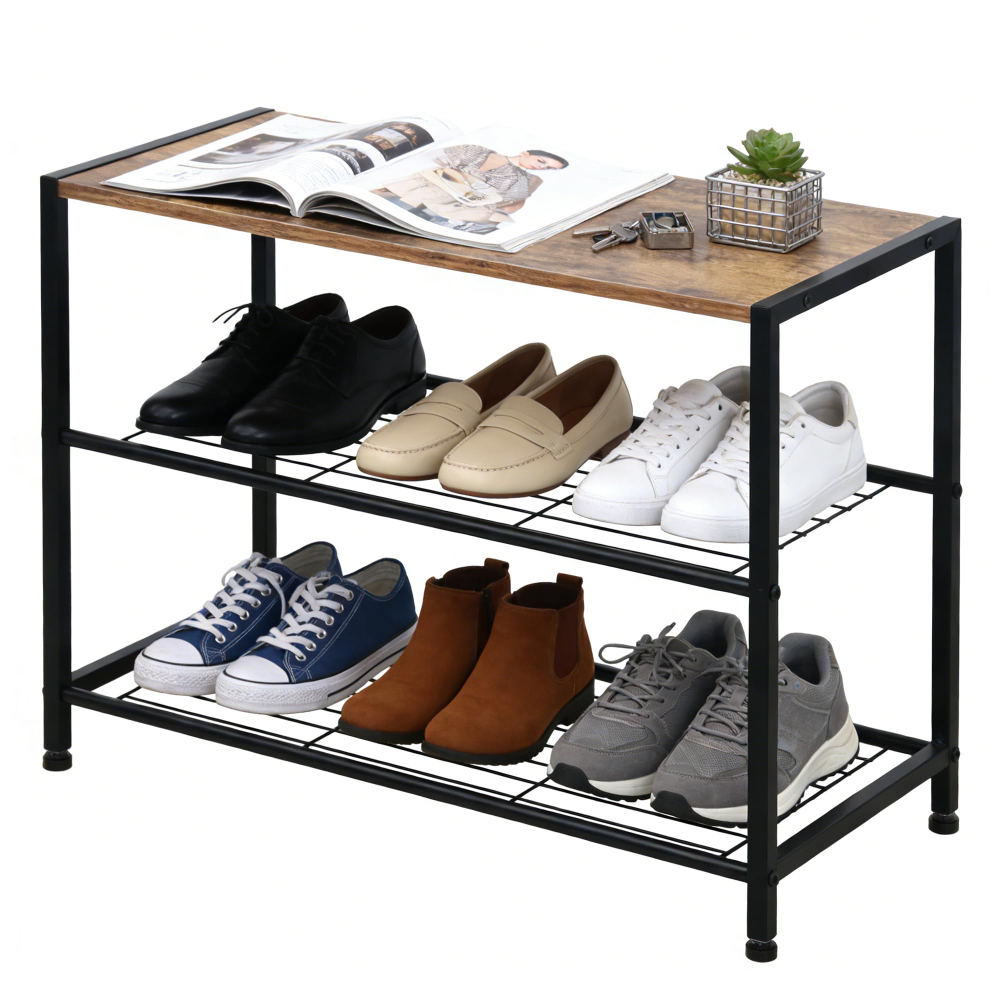 ZOESTORAGE Shoe Rack,3 Tier Shoe Racks for 9 Pairs,Metal Shoe Rack With Wooden Seat for Hallway, Entryway, Living Room,60 x 30 x 43cm,Rustic Brown