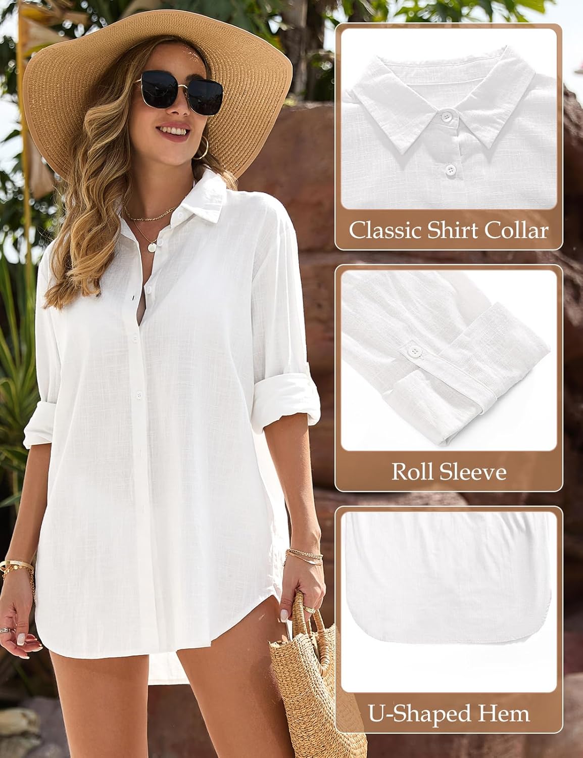 Swimsuit Coverup for Women Casual V Neck Bathing Suit Cover Ups Button Down Beach Bikini Swimwear Cover up Dress Shirt - Image 3