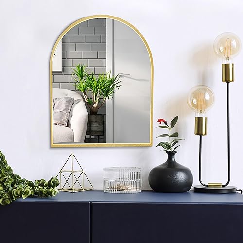Miniatura 5 de Espejo arqueado pequeño dorado de 10 x 13 pulgadas para baño, espejo de tocador o decoración de pared, espejo de arco de metal cepillado, espejo
