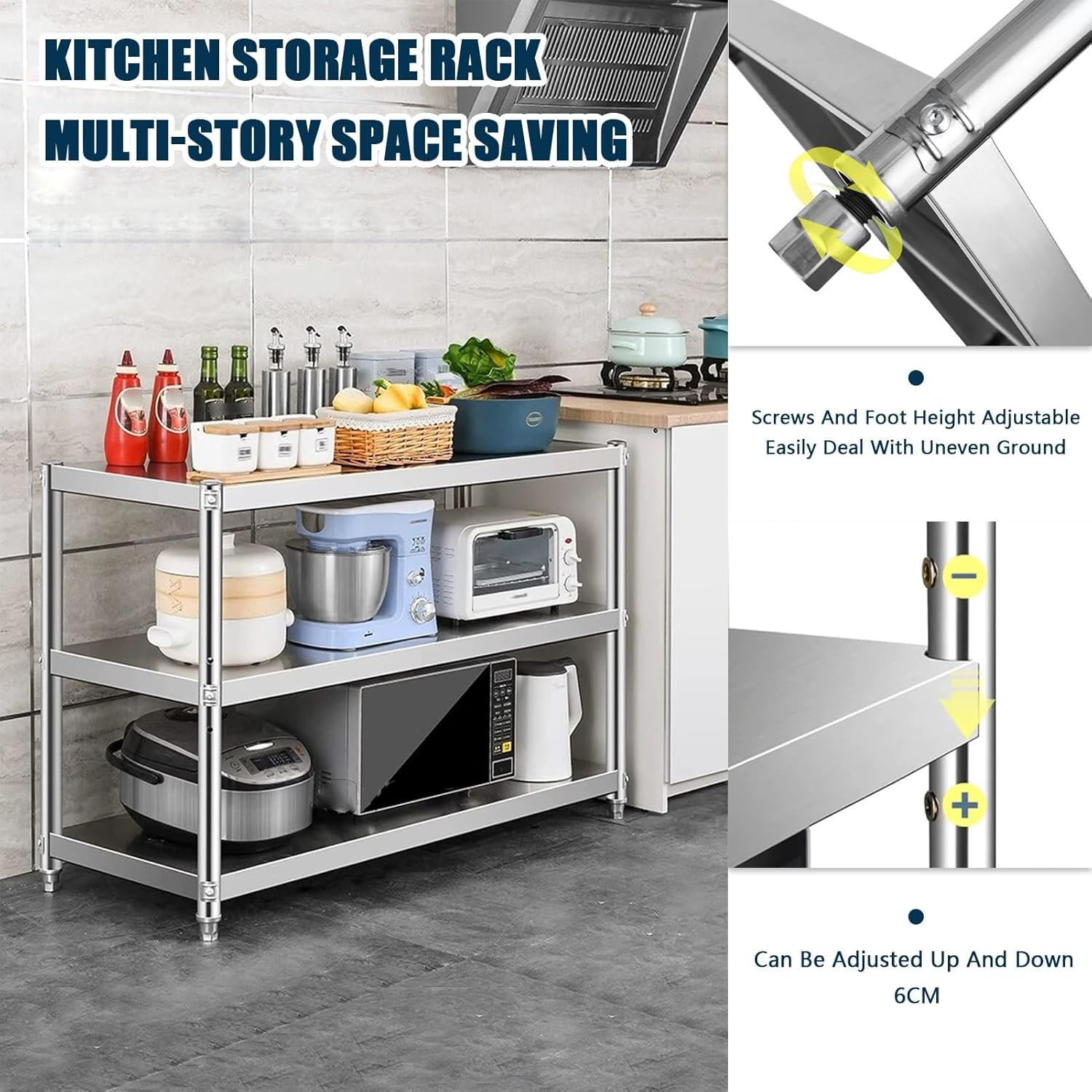 Scaffale da cucina a 3 ripiani in acciaio inox, resistente, per tavolo da lavoro, ristorante e casa, scaffalatura in metallo per una nizzazione efficiente