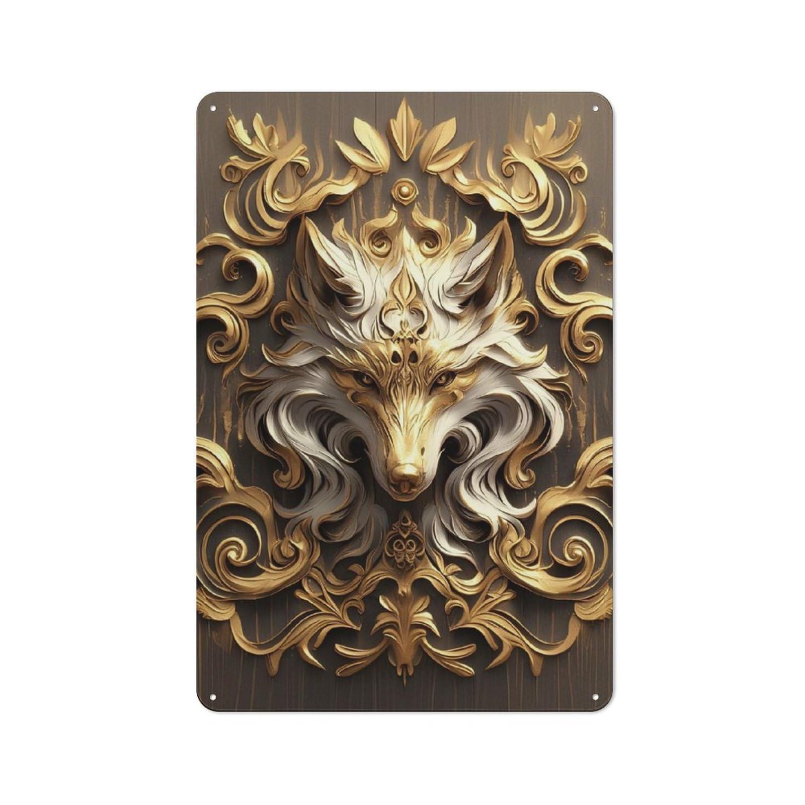 Junmoney Style-16 Metal Wall Sign 30X20cm Featuring Wooden Wolf For Hallway Wall, For Hallway Decor Lovers, For Retro Home Interiors
