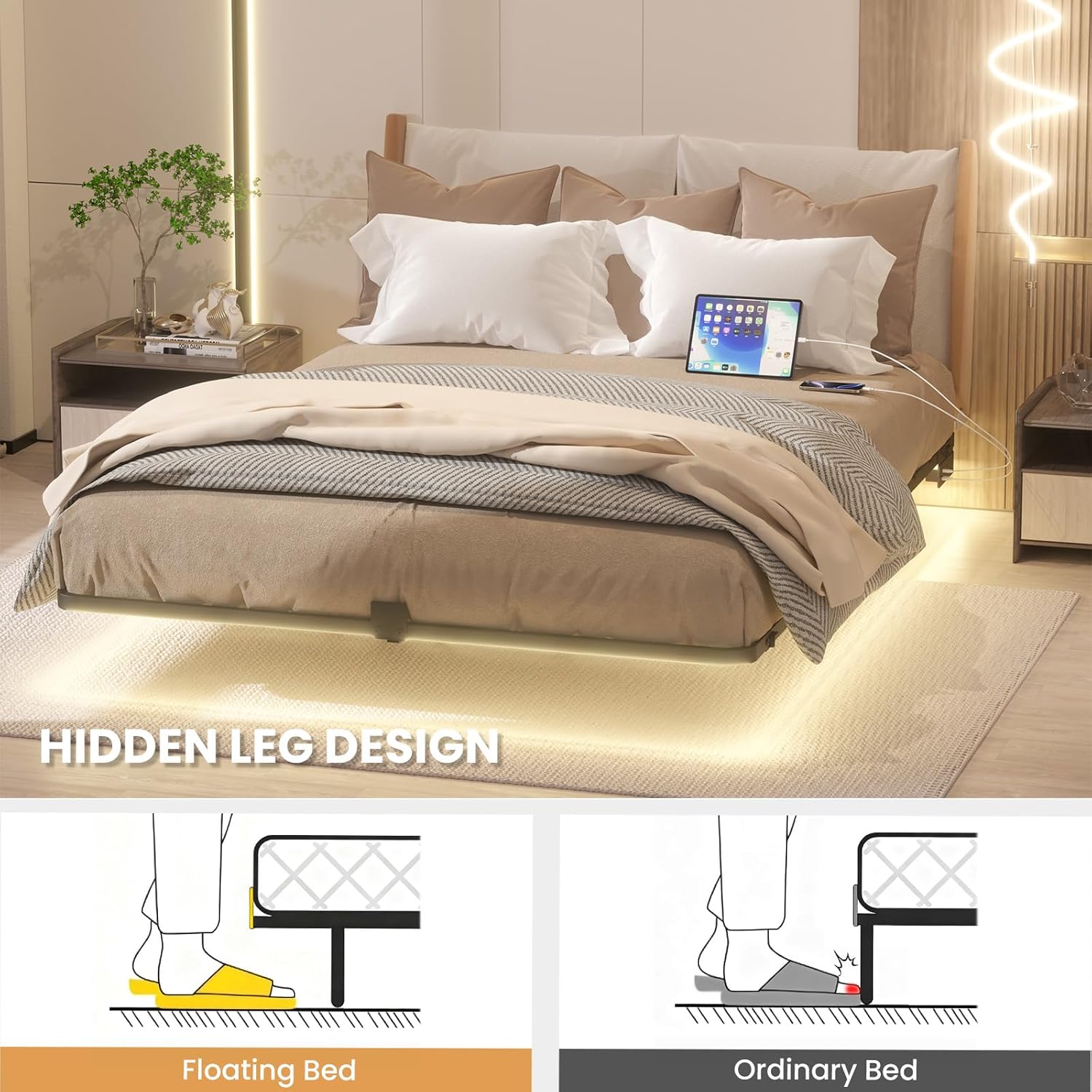 Queen Size Floating Bed Frame with LED Lights, Heavy Duty Metal Platform Floating Bed Frame with Charging Station, No Box Spring Needed, Easy Assembly, Noise Free - Image 3