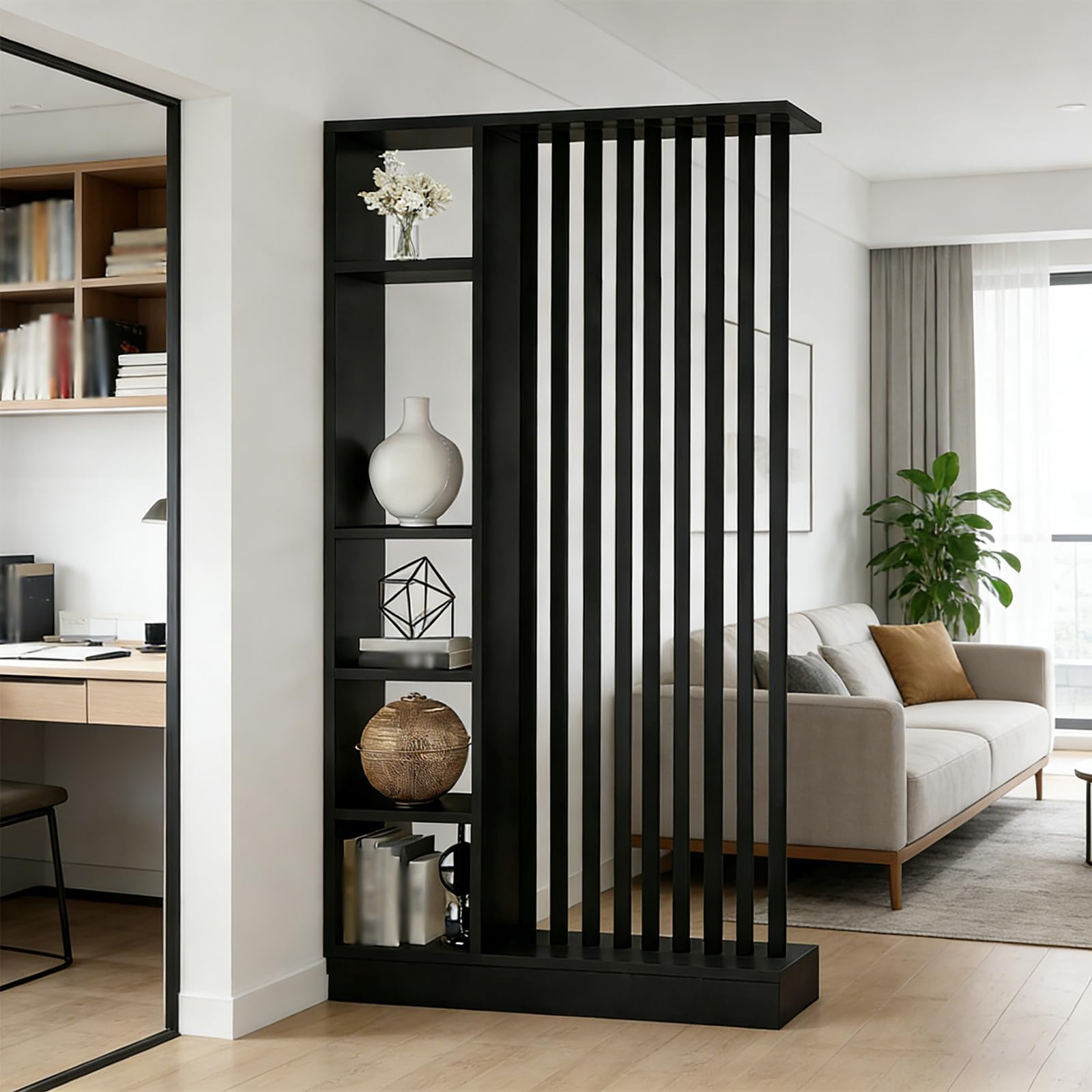 Room Divider with Shelves, Entrance Hall Partition Screen Column Floor to Ceiling - Room Divider with Storage Shelf, Easy Assembly Freestanding Decor for Bedroom, Office (Black+Black, 120cm / 47.2in)