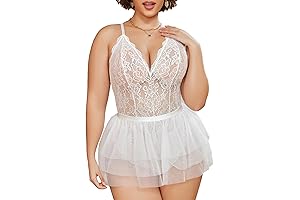 Appealing Plus Size White Lace Teddy Babydoll V-Neck Chemise Nighty with Mesh Mini Skirt