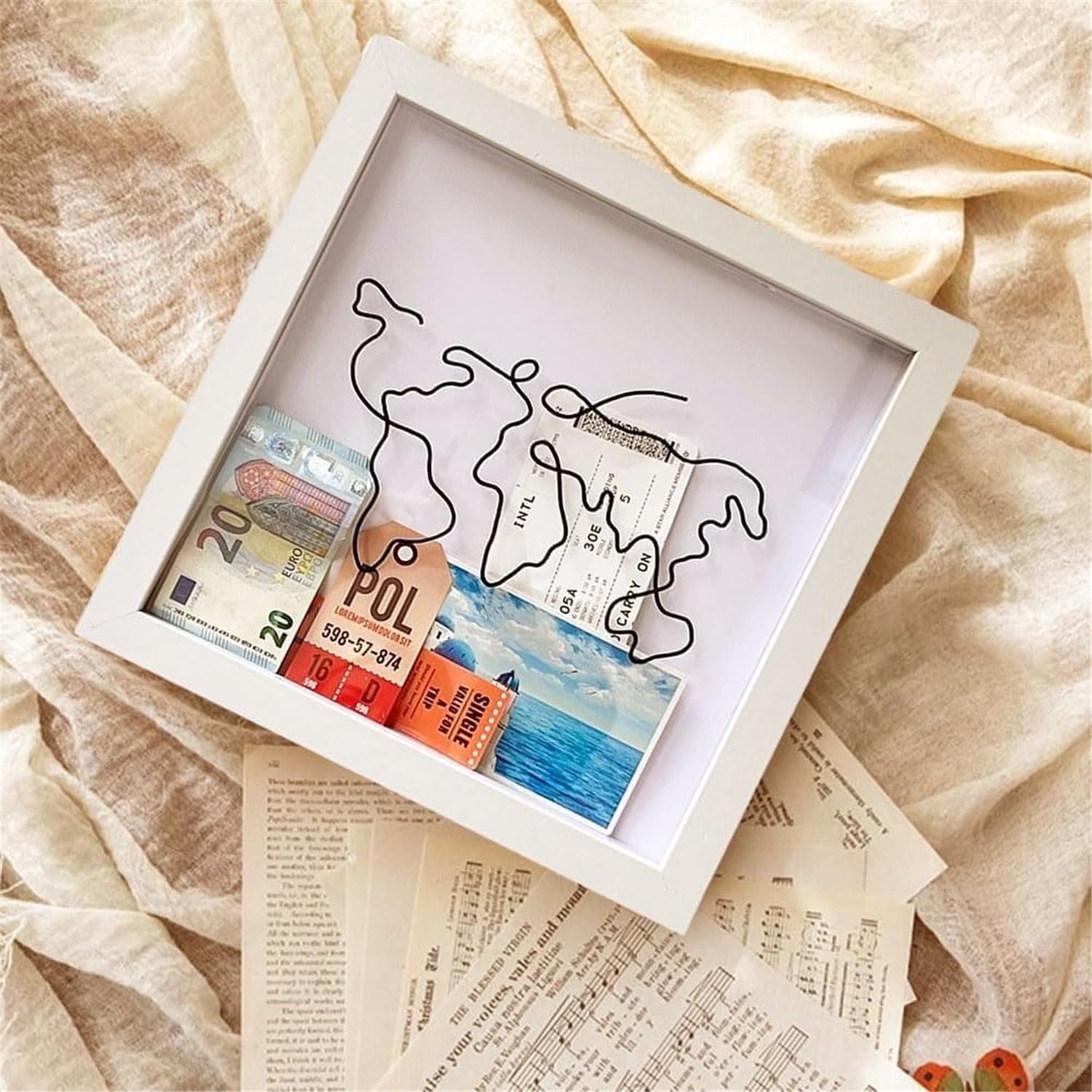 Scatola per archivio avventura, scatola da viaggio per ombre, scatola per biglietti con slot, scatola dei ricordi da viaggio, porta biglietti con mappa del mondo e design aereo, regalo teatrale (nero