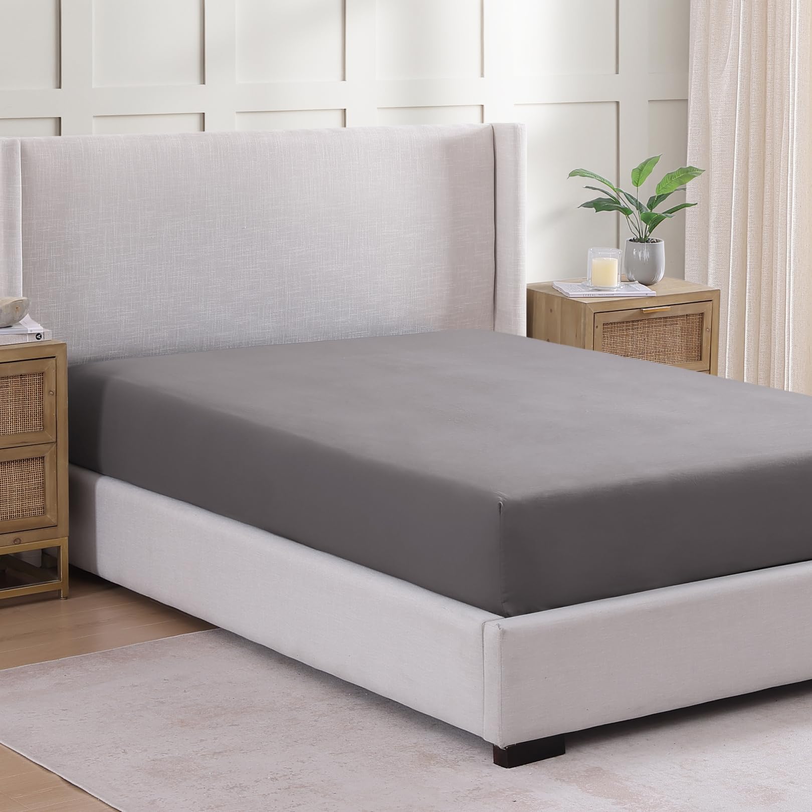 Fitted Sheet Double, Grey, Pre-Washed, Deep Pocket 14 inch (35 cm), Easy Care, Soft Brushed Microfibre Fabric - Image 2