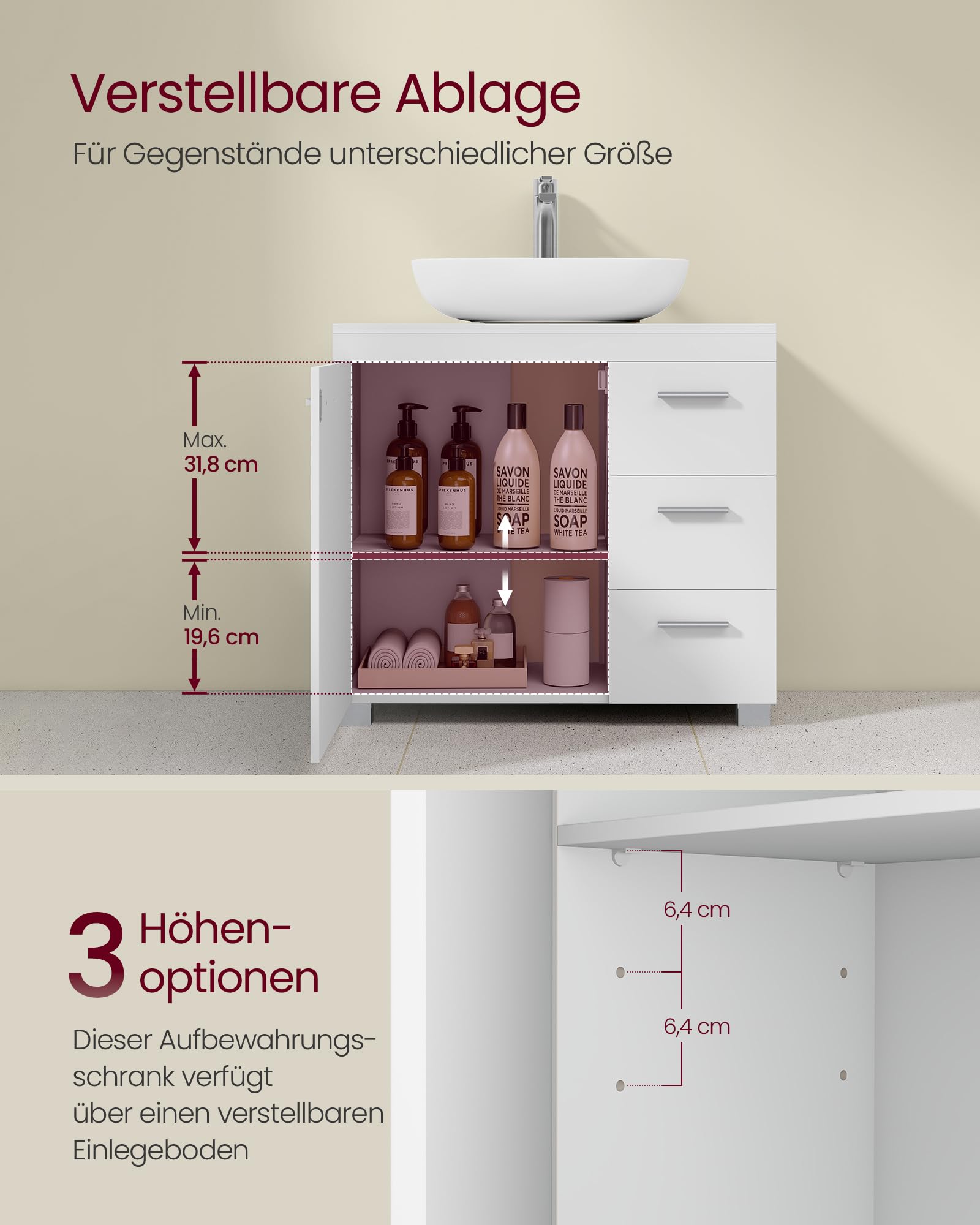 VASAGLE Waschbeckenunterschrank, Badezimmerschrank, 3 große Schubladen, 30 x 70 x 64 cm, Badschrank, 2 Fächer hinter der Tür, Badezimmer-Unterschrank mit Füßen, wolkenweiß BBK503W10