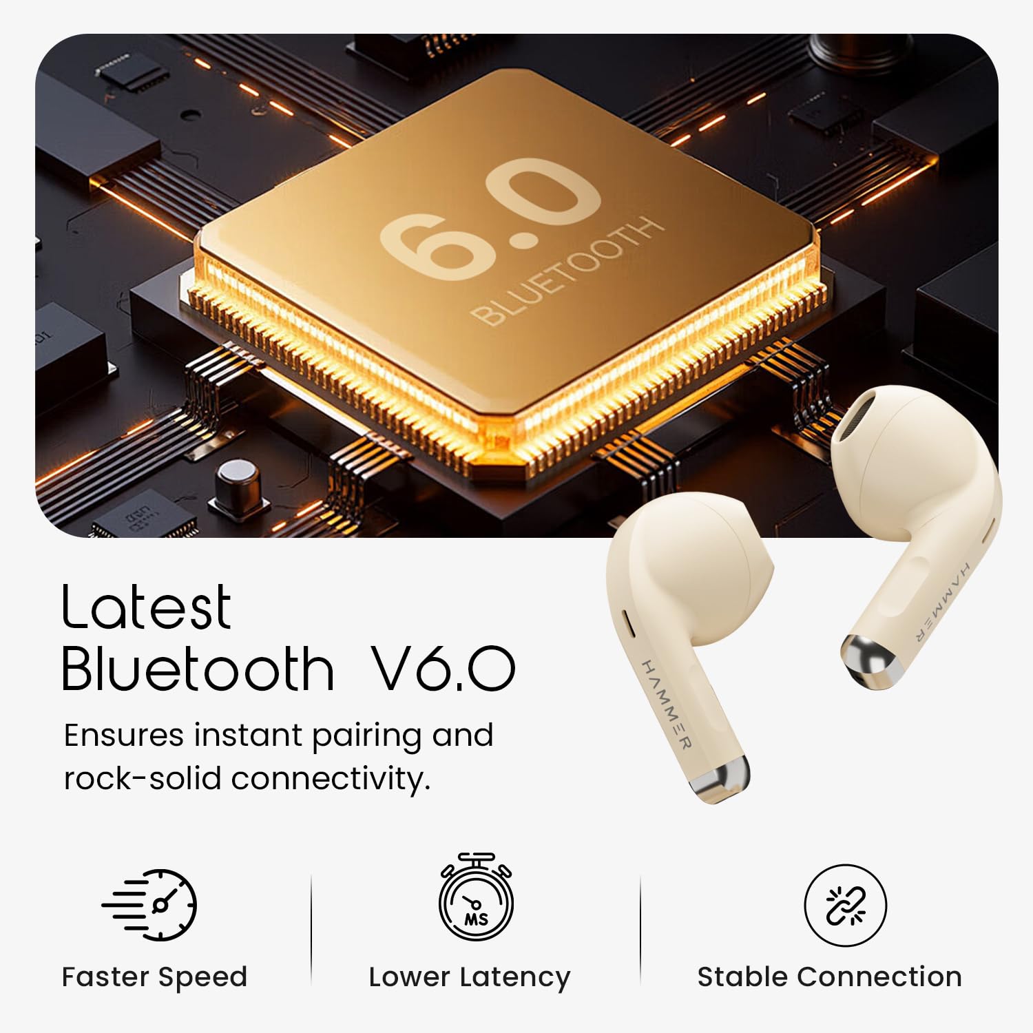 HAMMER Ultra Pods True Wireless Earbuds with in-Built Mic, 100H Standby Time, 1H Charging USB Type-C, 13mm Dynamic Drivers, 50H Playtime, BT v6.0 Connectivity, IPX5 Water Resistant (Beige) — Amazon image 5