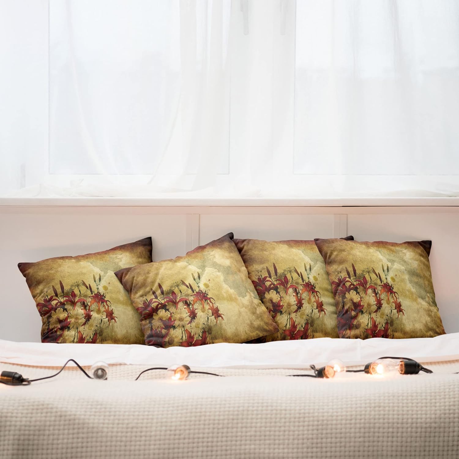 Ambesonne Burnt Orange Decorative Throw Pillow Case Pack of 4, Double Exposure Burnt Worn Shaggy Retro Background with Flowers Clouds Design, Cushion Cover for Couch Living Room Car, 20", Orange Tan